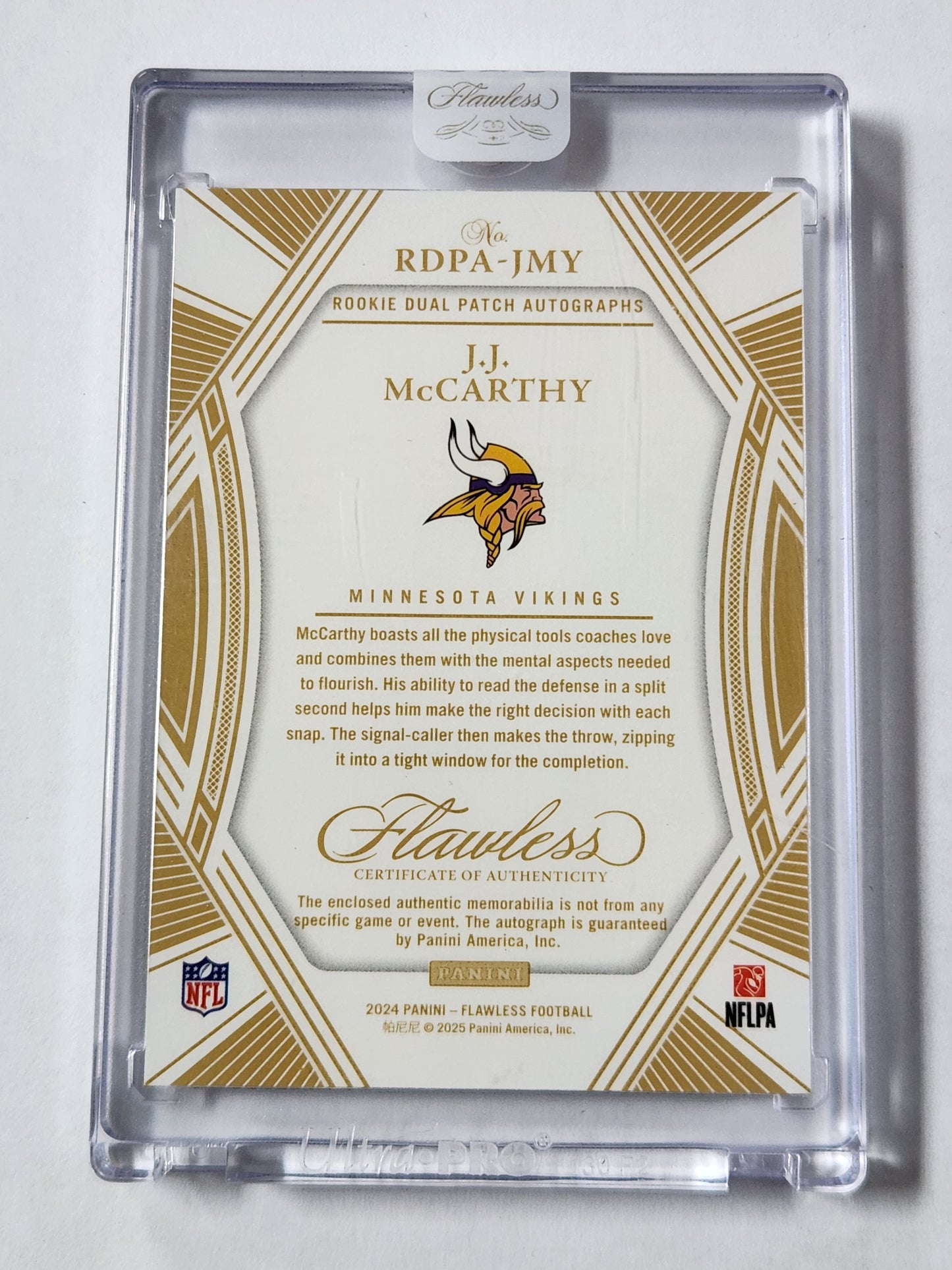 2024 Panini Flawless JJ McCarthy Dual RPA # /25 RC Auto RDPA-JMY