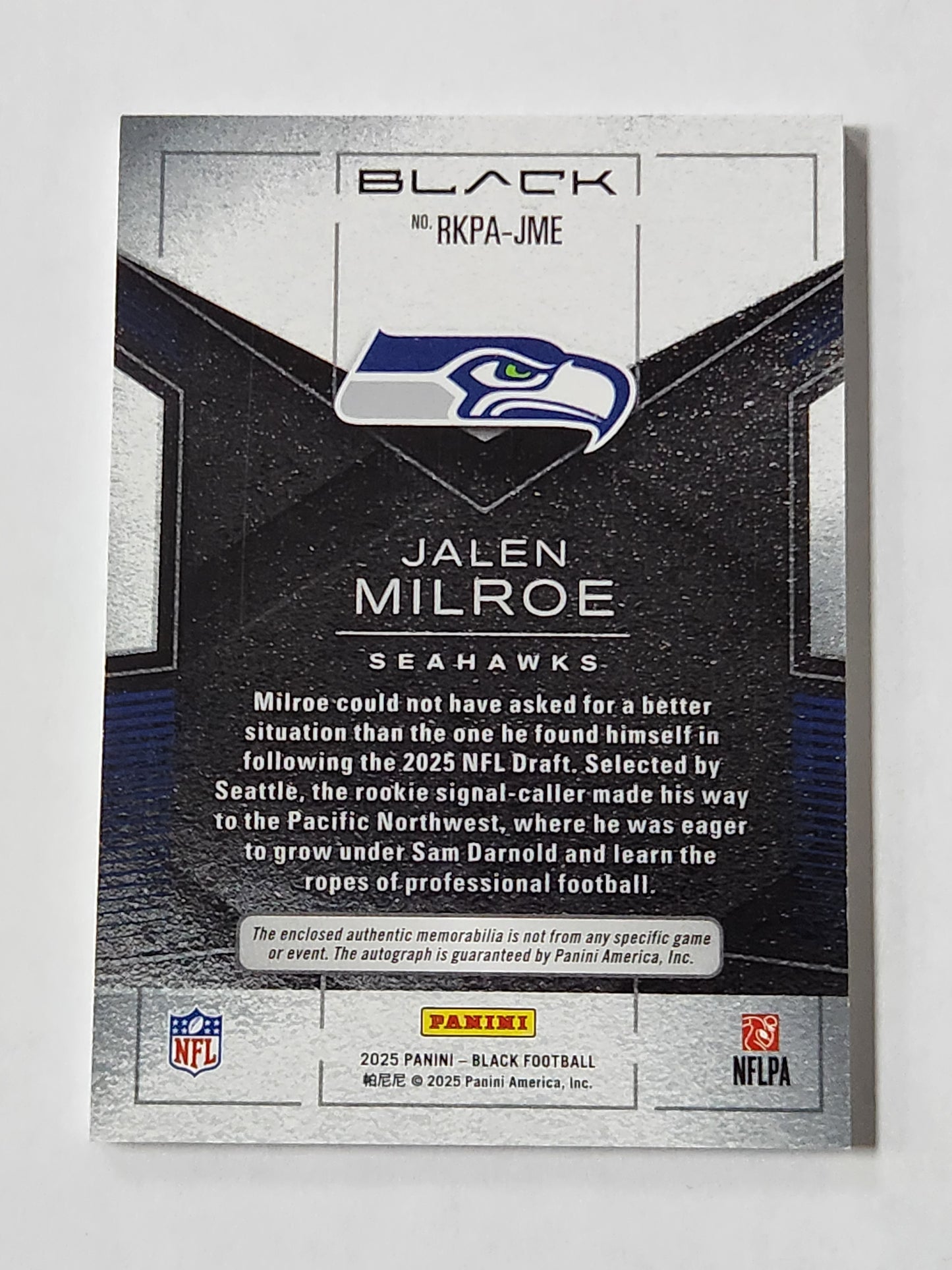 2025 Panini Black Jalen Milroe # /99 Rookie Patch Auto Seahawks