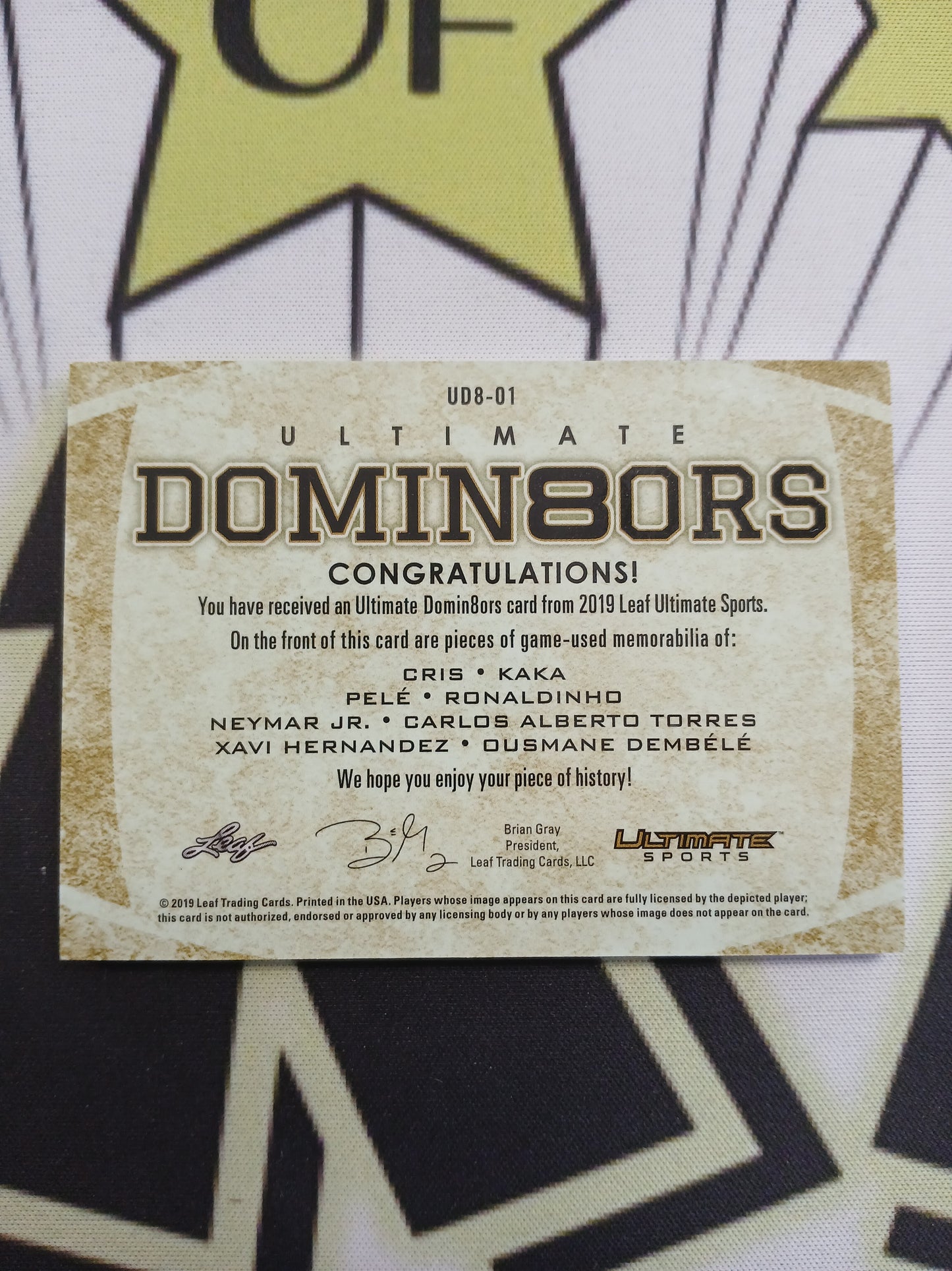 2019 Leaf Ultimate Sports Domin8ors Cris Pele Neymar Jr Xavi Hernandez Kaka Ronaldinho Carlos Alberto Torres Ousmane Dembele Purple #/12