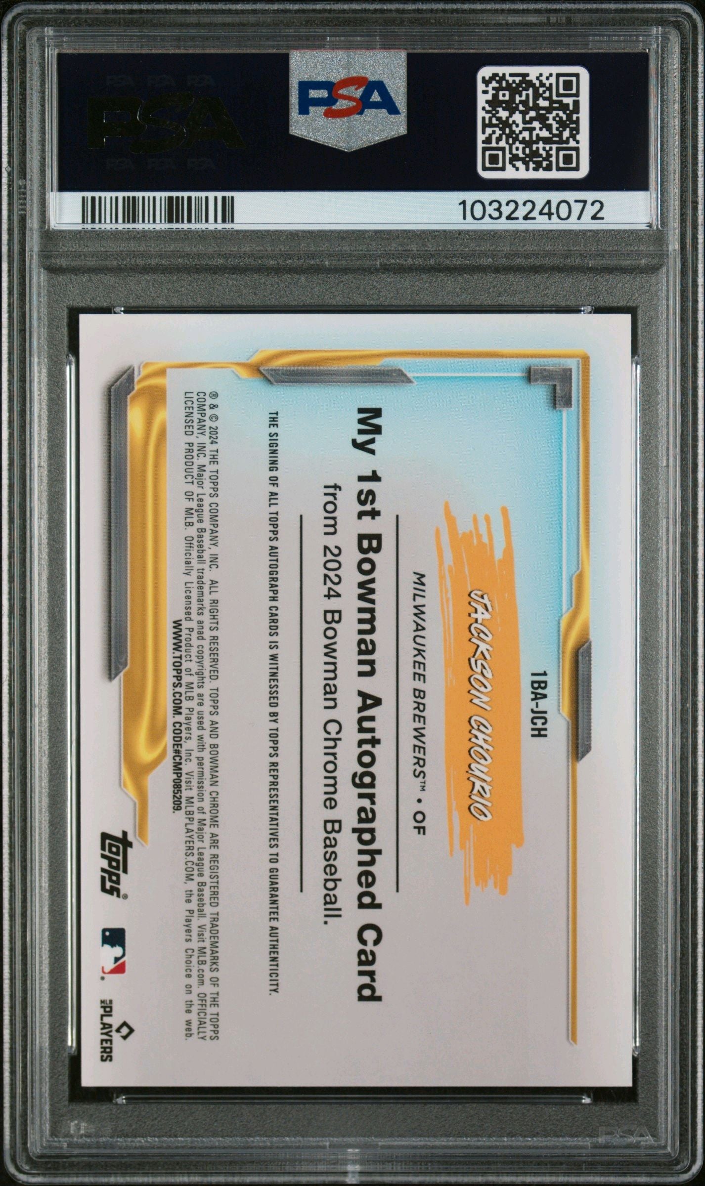 2024 BOWMAN CHROME MY 1ST BOWMAN AUTOGRAPHS #1BAJCH JACKSON CHOURIO M1B AUTO-GOLD MINI DIA REF