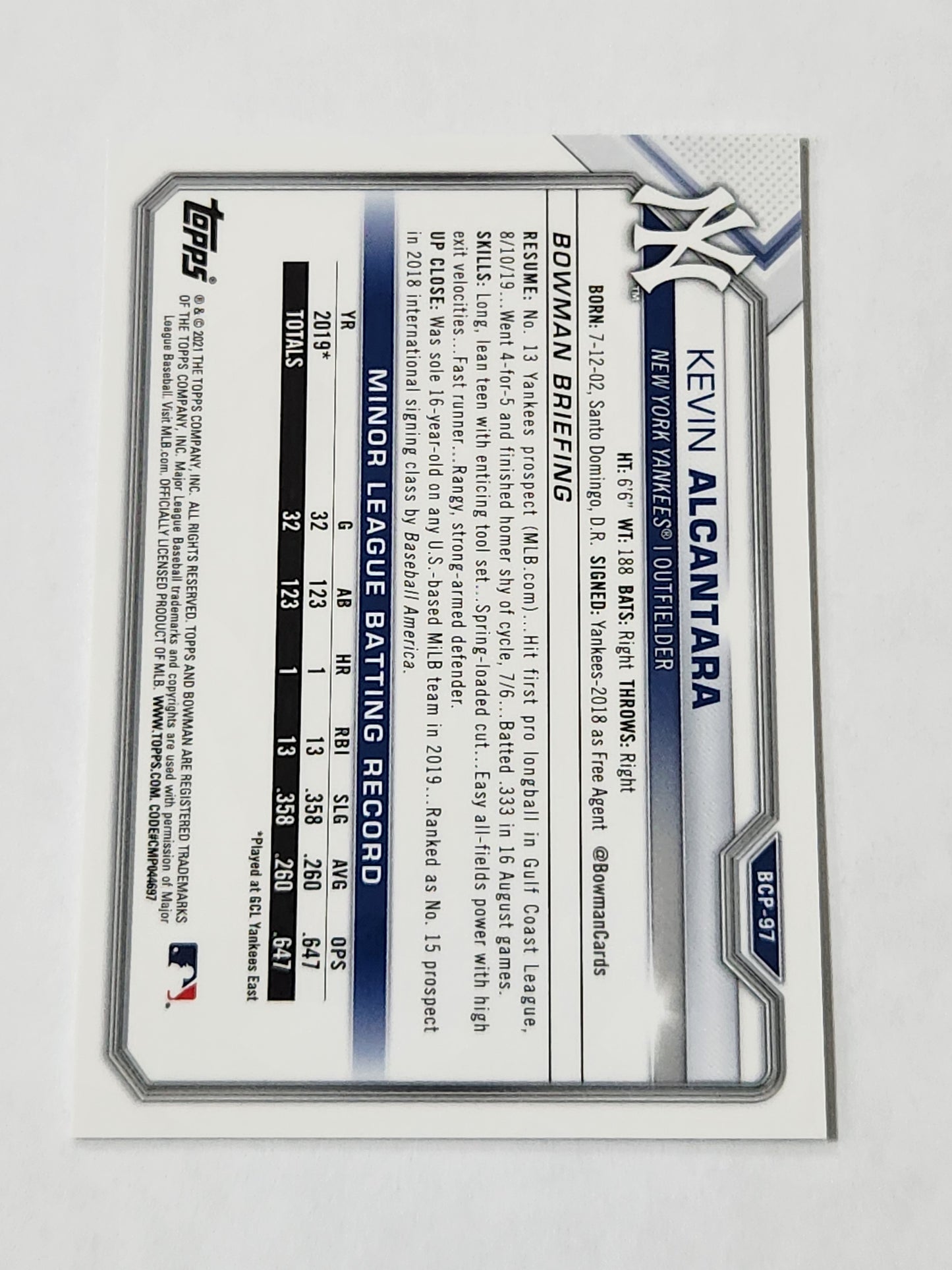 2021 Bowman Chrome Kevin Alcantara Green Mojo /99