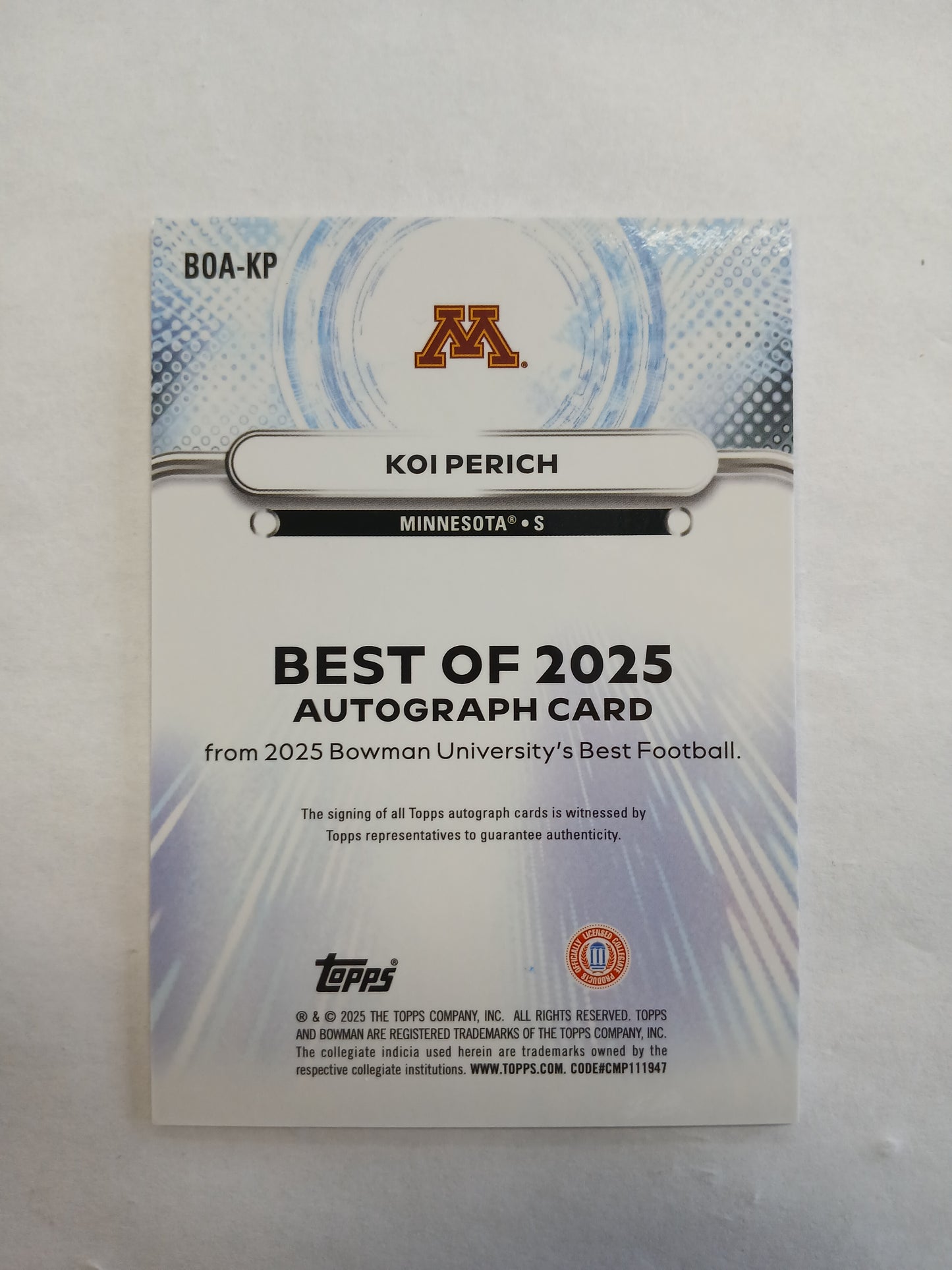 2025 Bowman Best U Koi Perich The Best of 2025 Blue Refractor On Card Auto #/150
