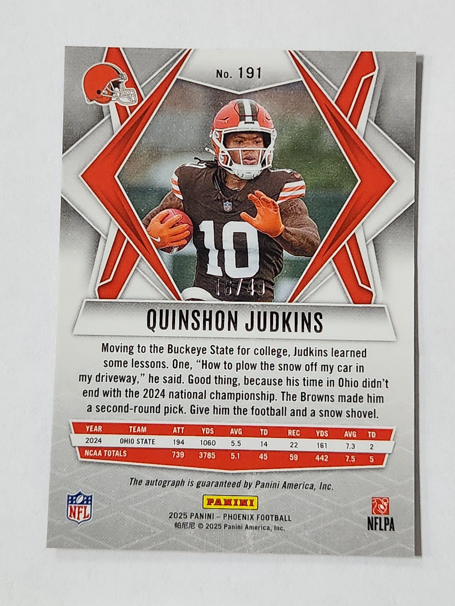 2025 Phoenix Quinshon Judkins Blue # /49 RC Rookie Browns 191