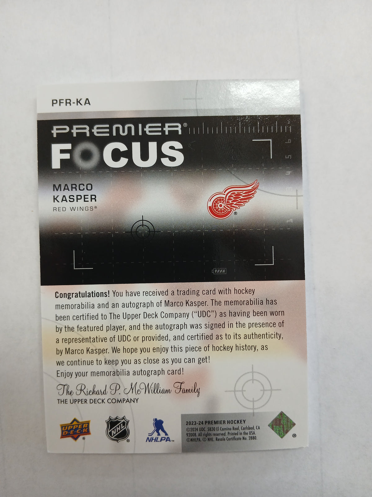 2023 Upper Deck Premier Marco Kasper Rookie Focus On Card Auto #/175