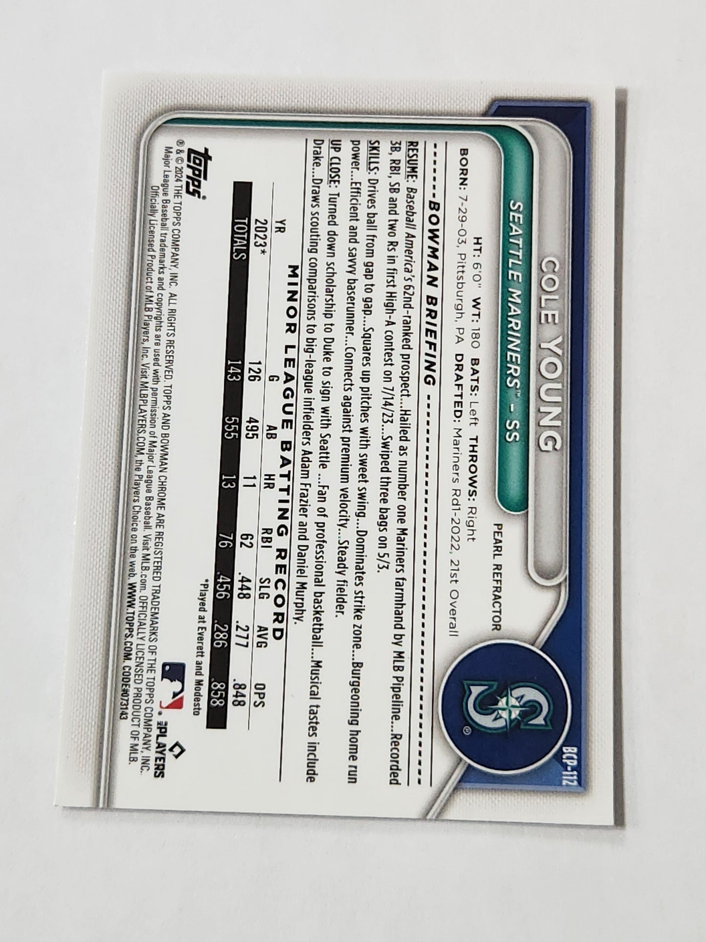 2024 Topps Bowman Chrome Pearl Refractor Cole Young SSP Mariners