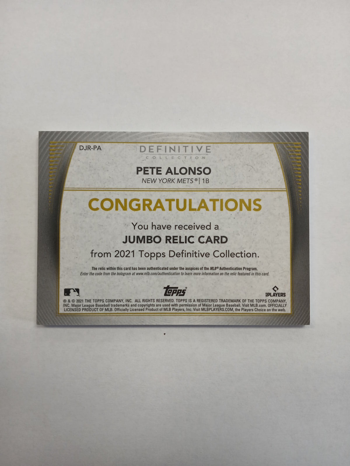 2021 Topps Definitive Collection Pete Alonso Jumbo Dual Color Relic #/30