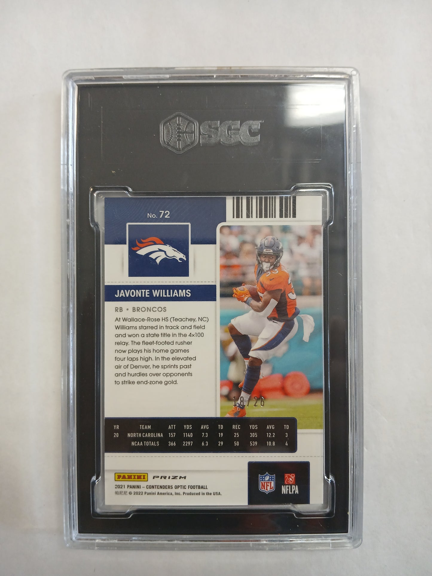 2021 Contenders Optic Javonte Williams Rookie Ticket Purple Pulsar #/26 SGC 9.5
