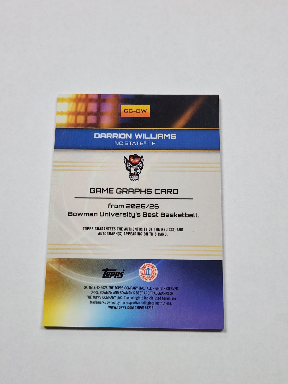 2026 Bowman Best U Darrion Williams Game Graphs Triple Color Patch Auto Orange Glitter #/25