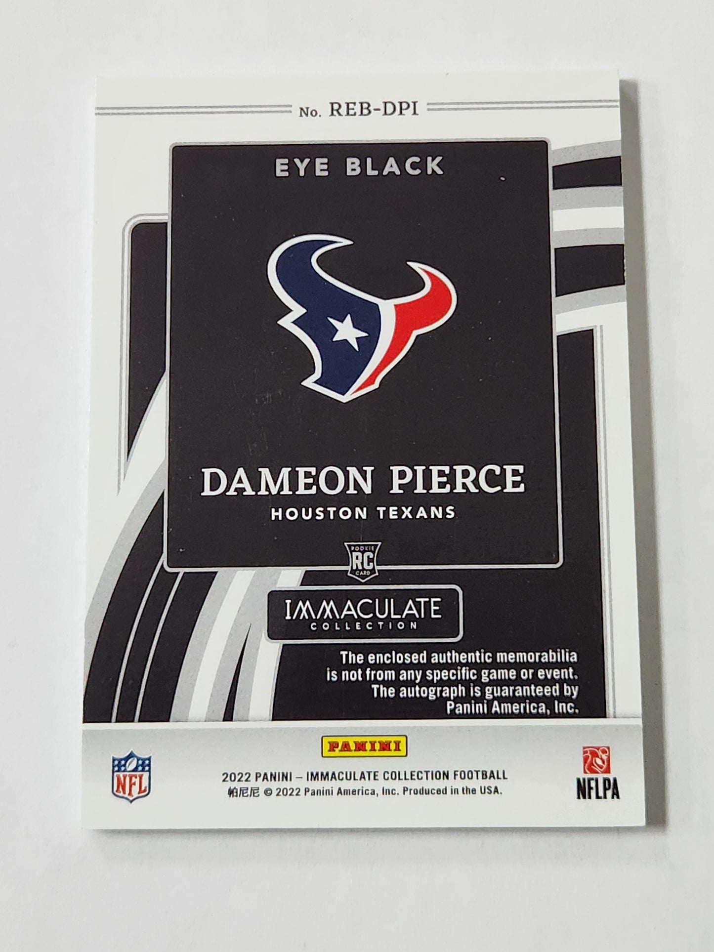 2022 Immaculate Dameon Pierce Eye Black Rookie Patch Auto /25 REB-DPI