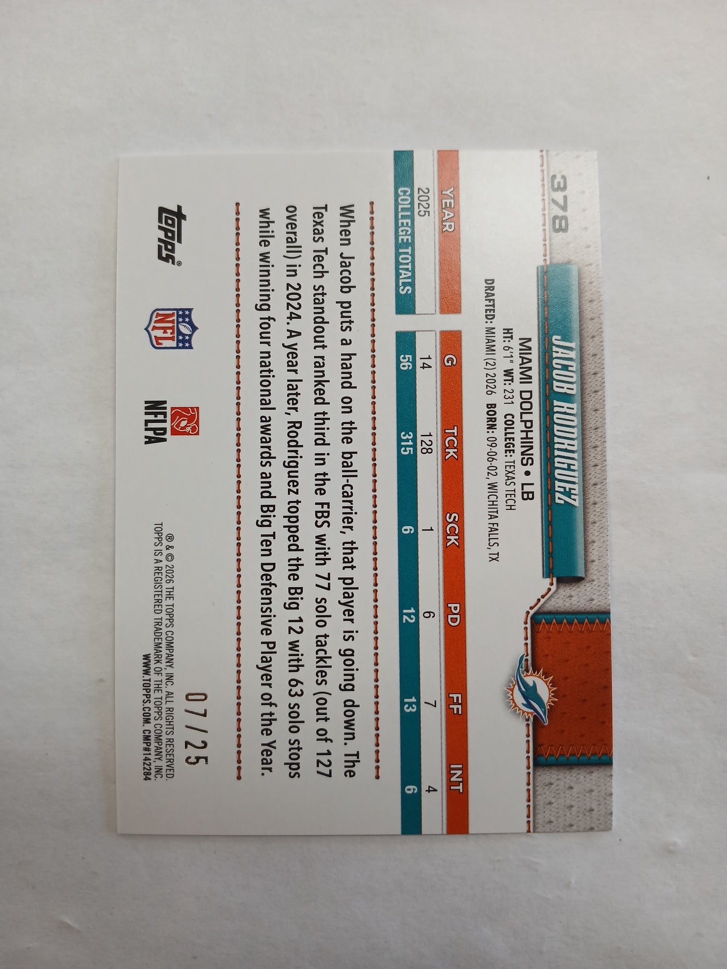 2026 Topps Flagship Football Jacob Rodriguez Orange Glitter Rookie #/25