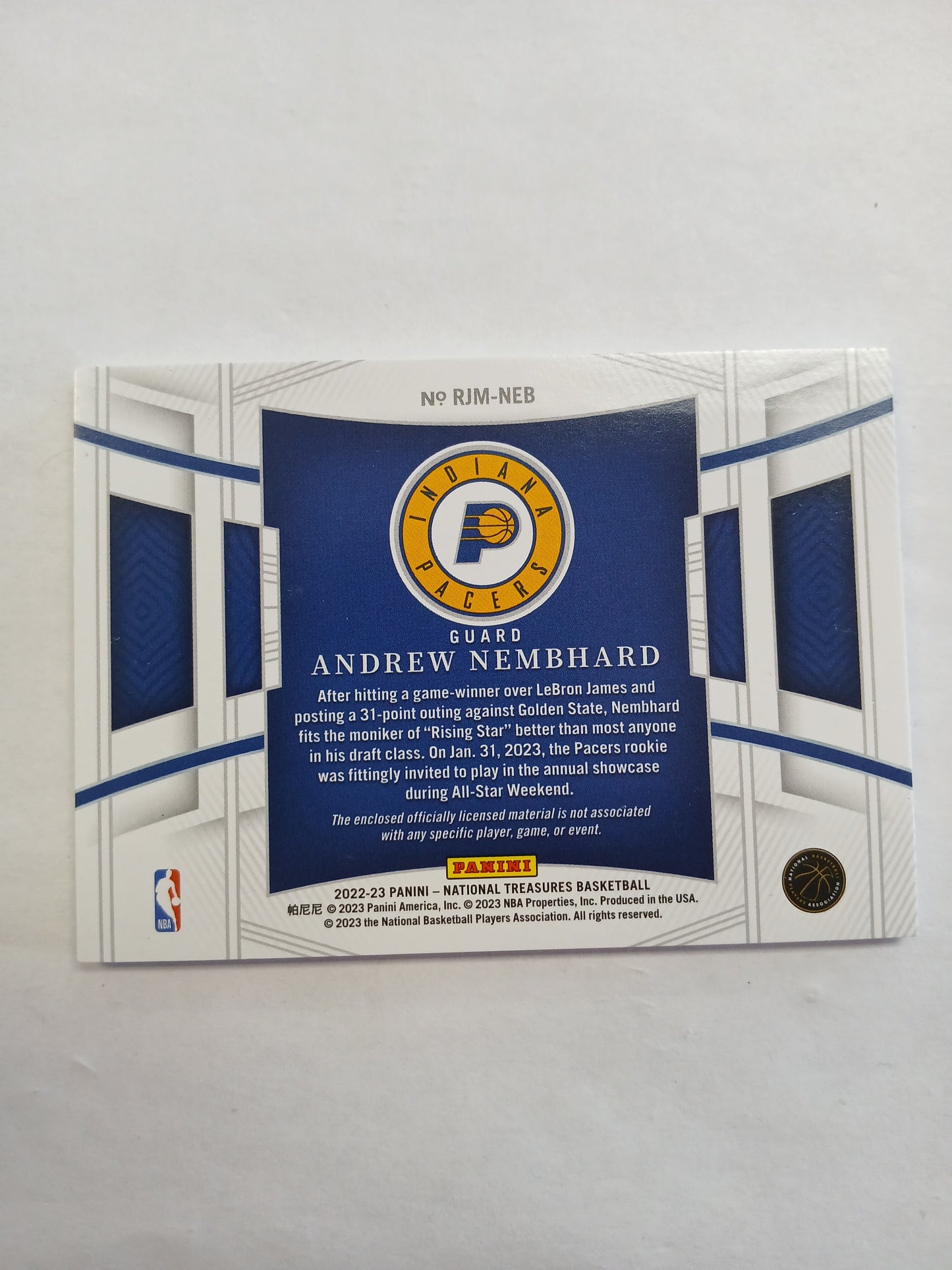 2022 National Treasures Andrew Nembhard Rookie Jumbo Patch #/99