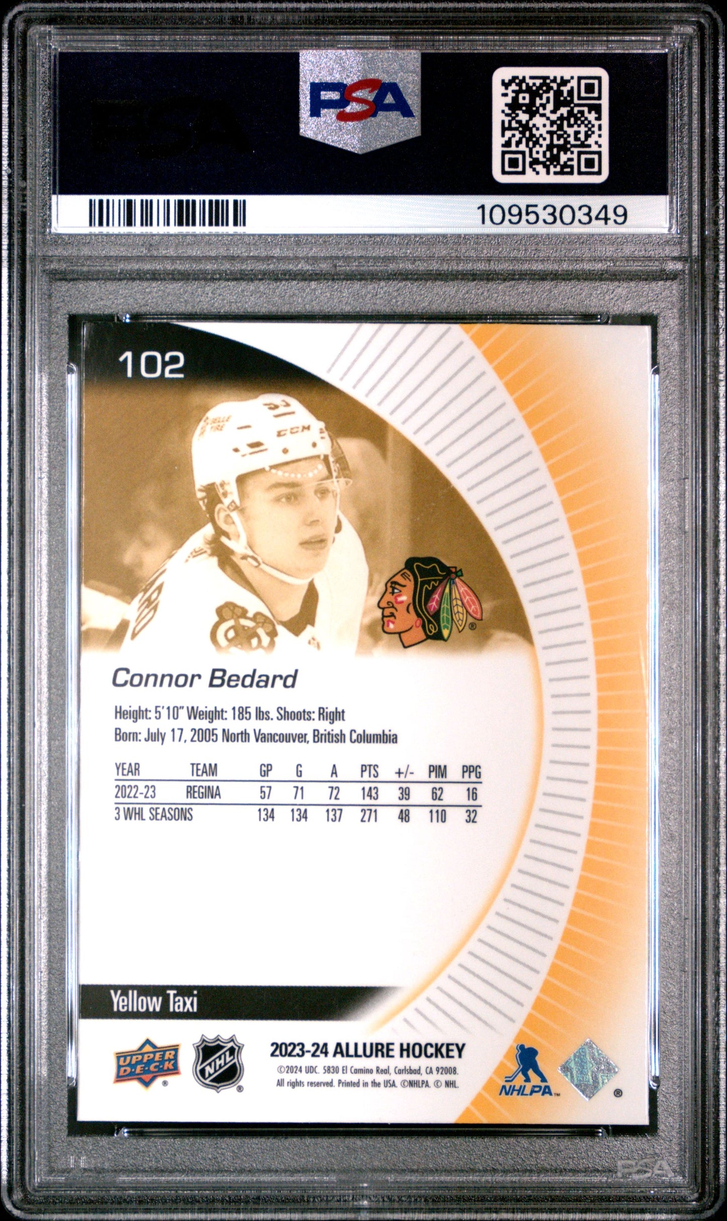 2023 UPPER DECK ALLURE #102 CONNOR BEDARD YELLOW TAXI PSA 10