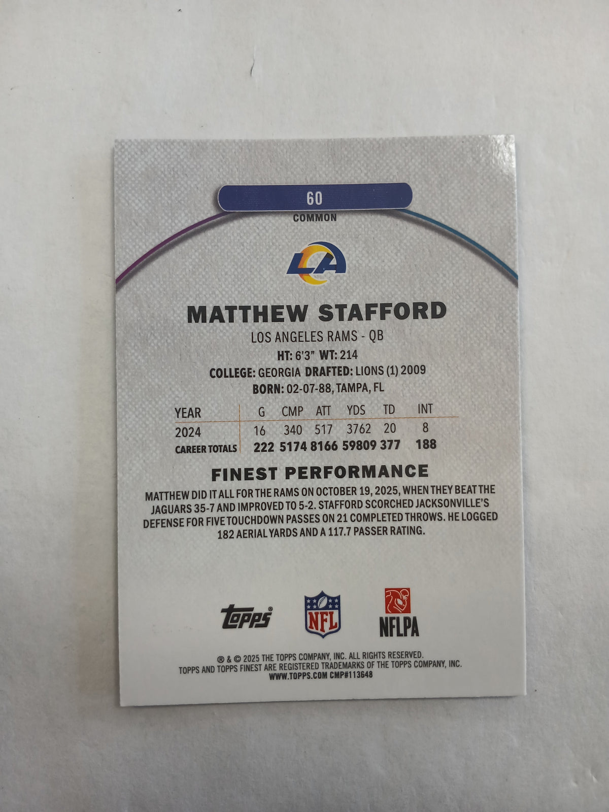 2025 Topps Finest Matthew Stafford Common Blue Geometric Refractor #/99 Color Match