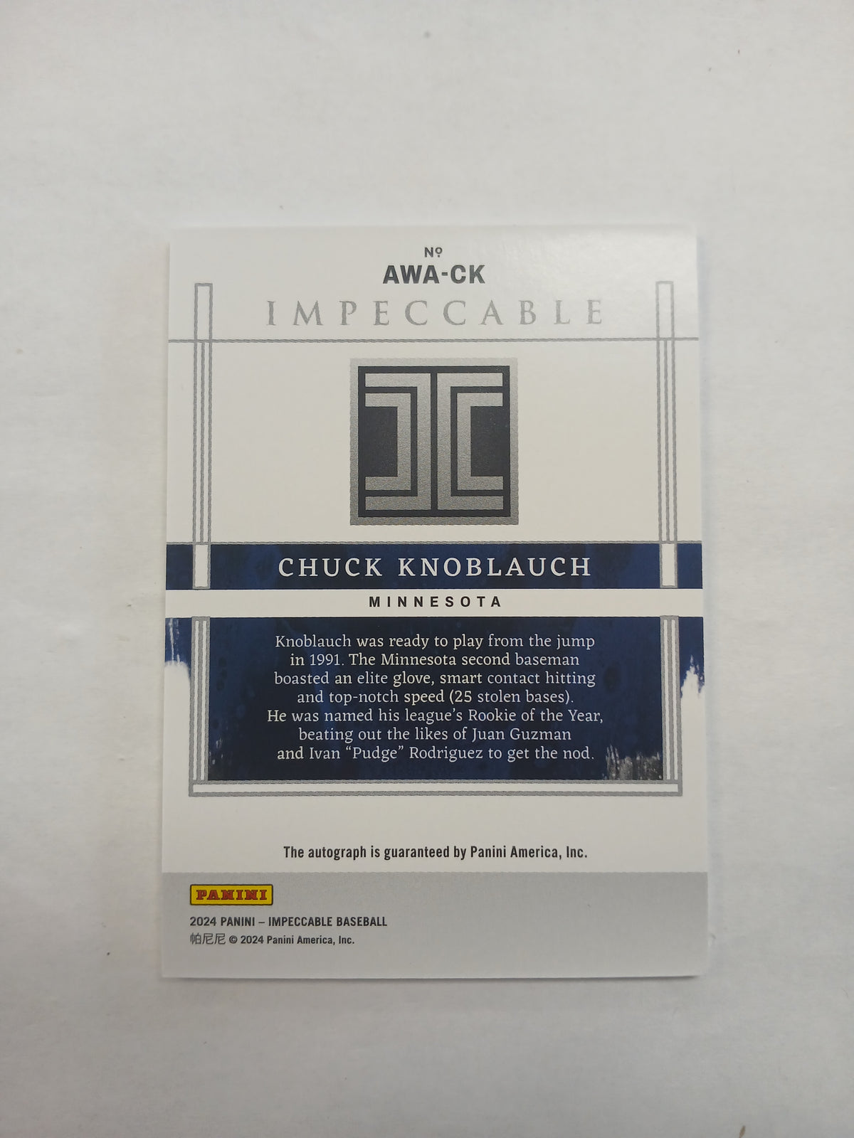 2024 Impeccable Chuck Knoblauch Award Winning On Card Auto #/49