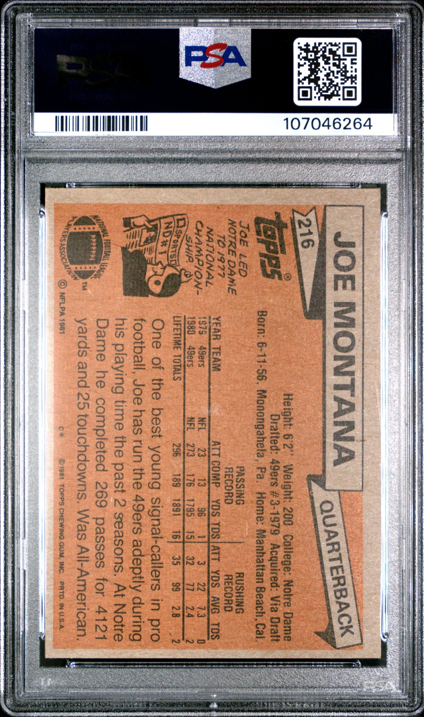 1981 TOPPS #216 JOE MONTANA PSA 6