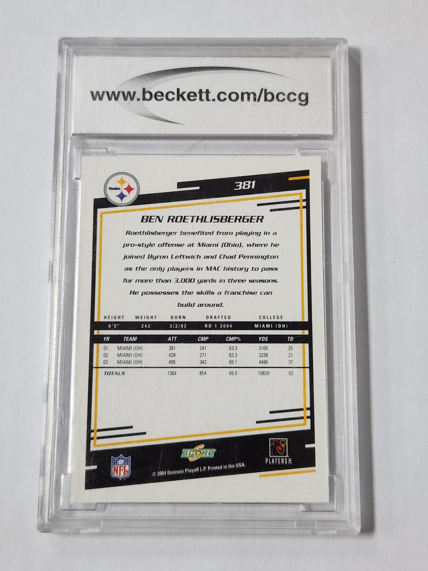2004 Score #381 Ben Roethlisberger Rookie BCCG 10