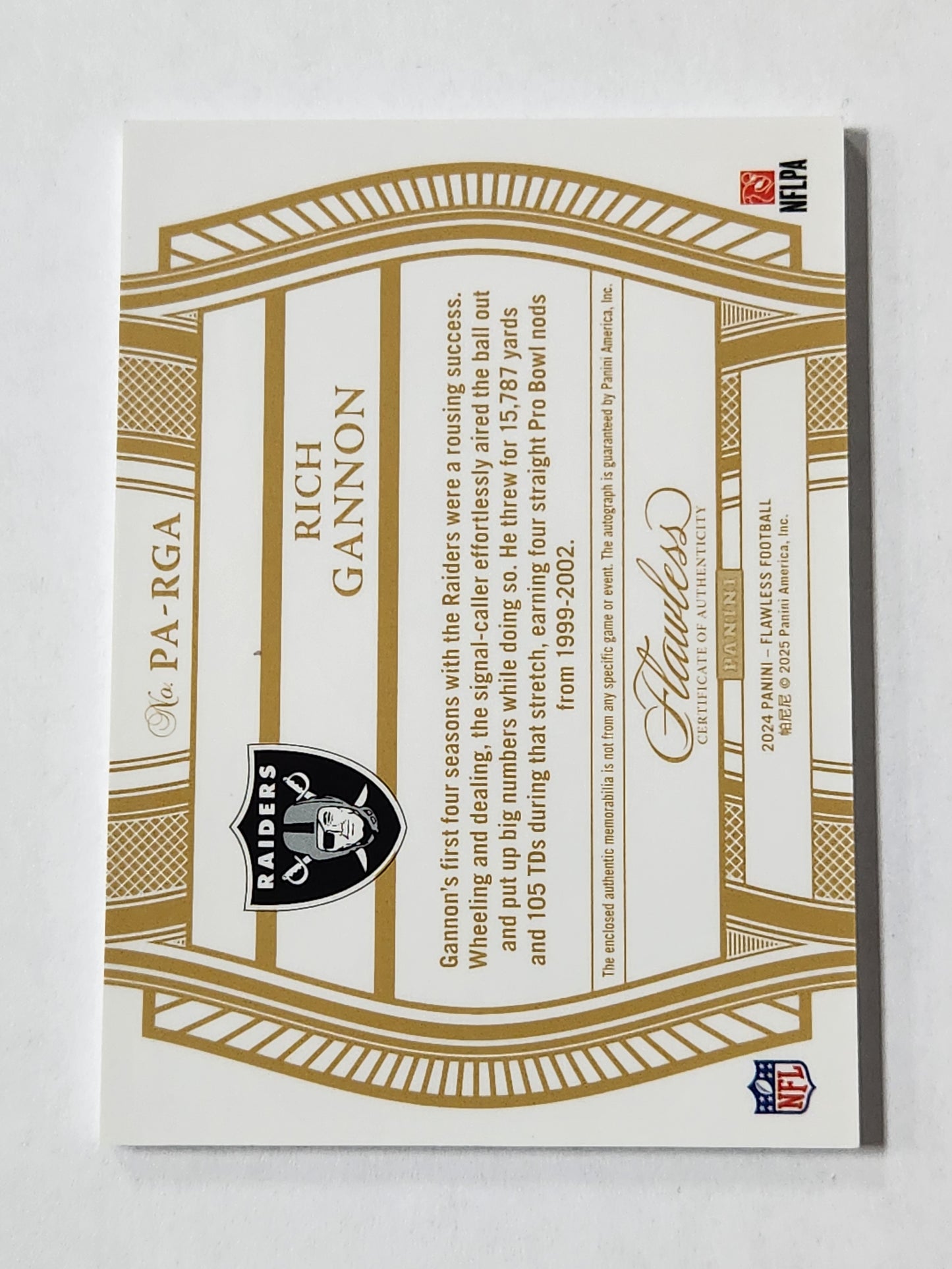 2024 Flawless Rich Gannon # /20 Patch Auto Raiders PA-RGA