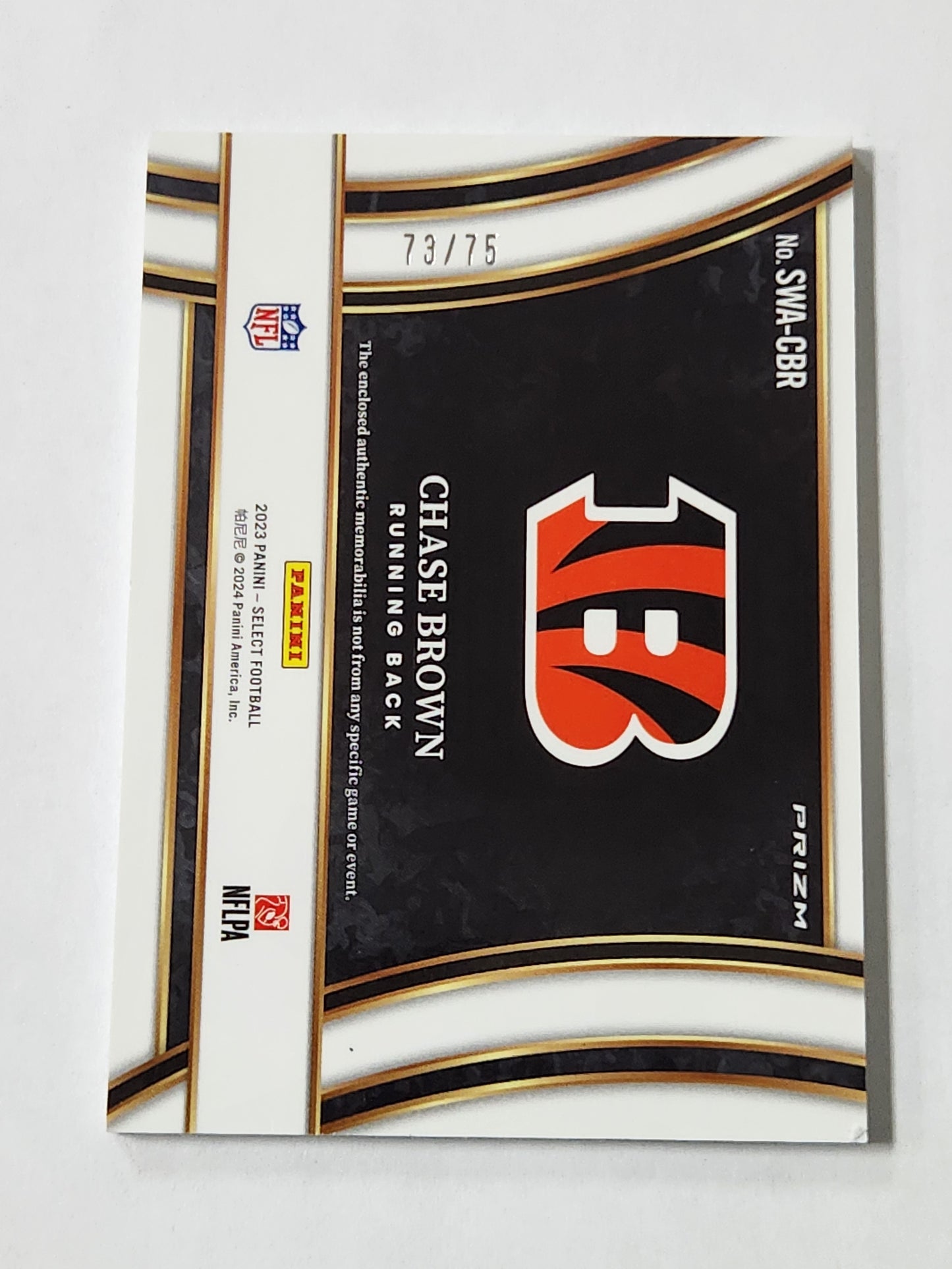 2023 Select Chase Brown Rookie Patch White /75 SWA-CBR