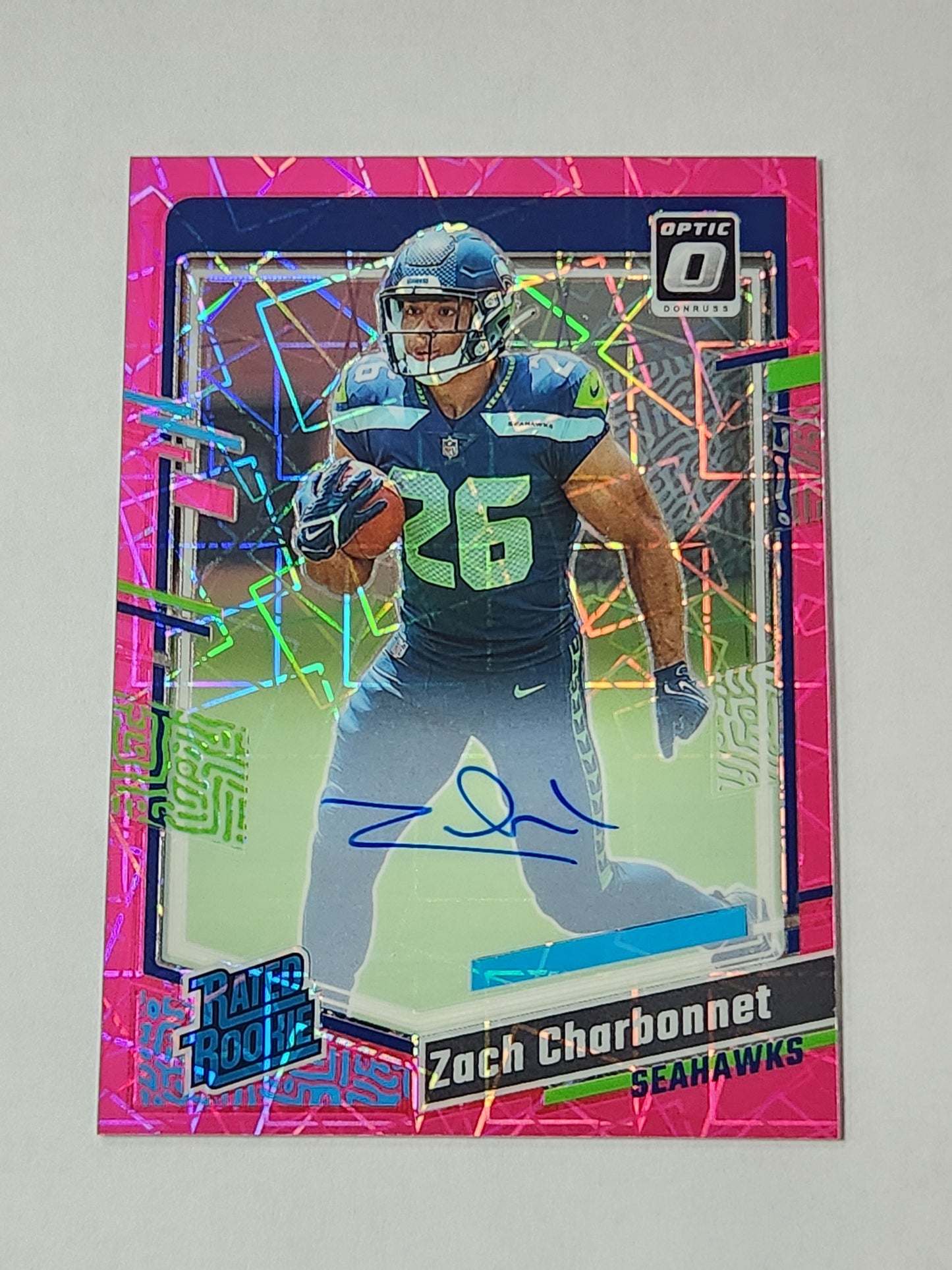 2023 Donruss Optic Zach Charbonnet Rated Rookie Auto Pink Velocity # /50