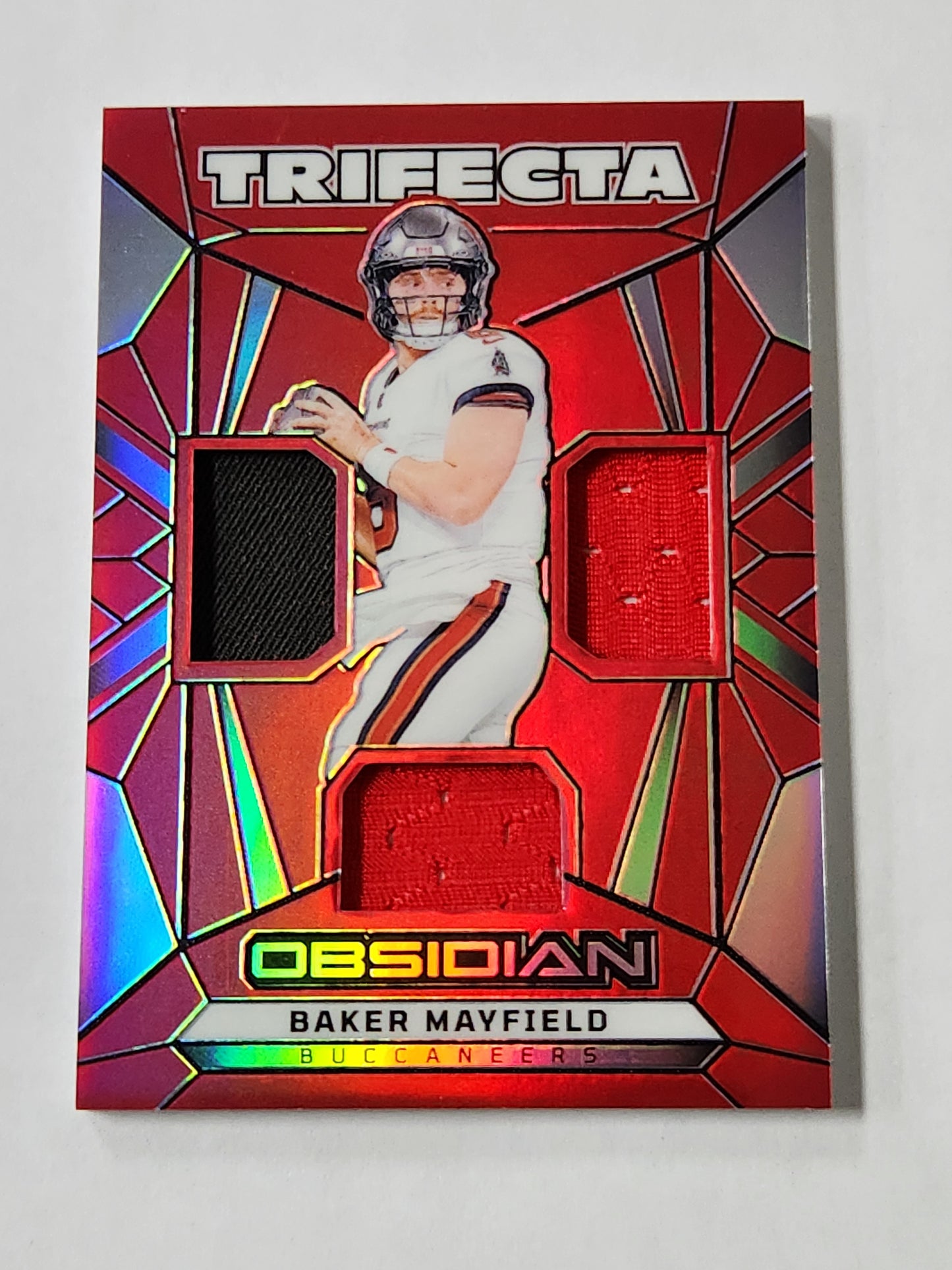 2024 Obsidian Baker Mayfield Trifecta Triple Jersey card /75