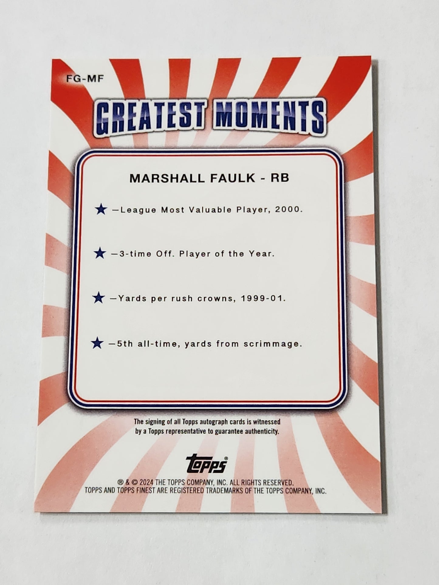 2024 Topps Finest Marshall Faulk Finest Greats Auto Gold /50