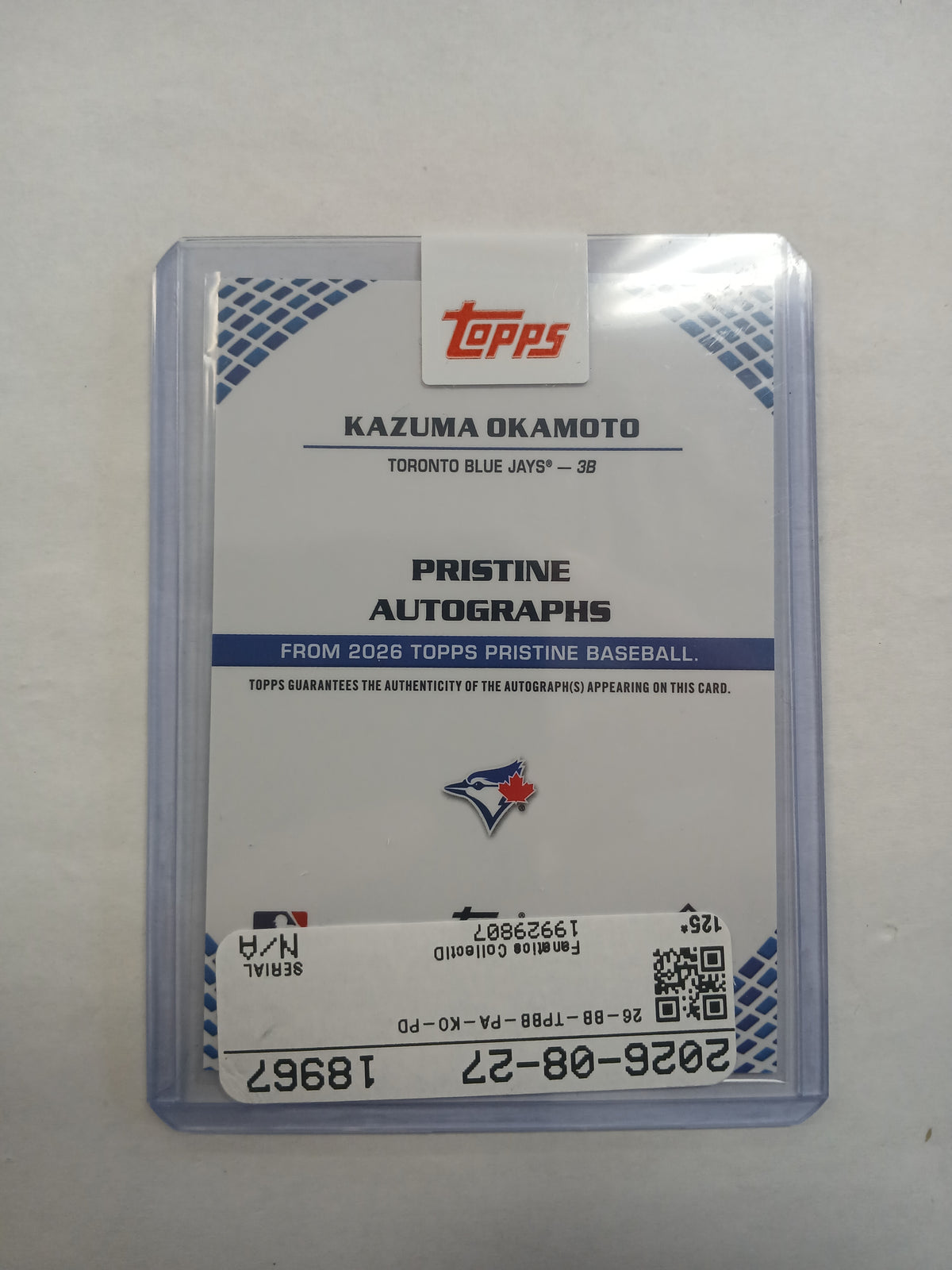 2026 Topps Pristine Kazuma Okamoto Rookie Purple Pulsar Refractor On Card Auto #/99
