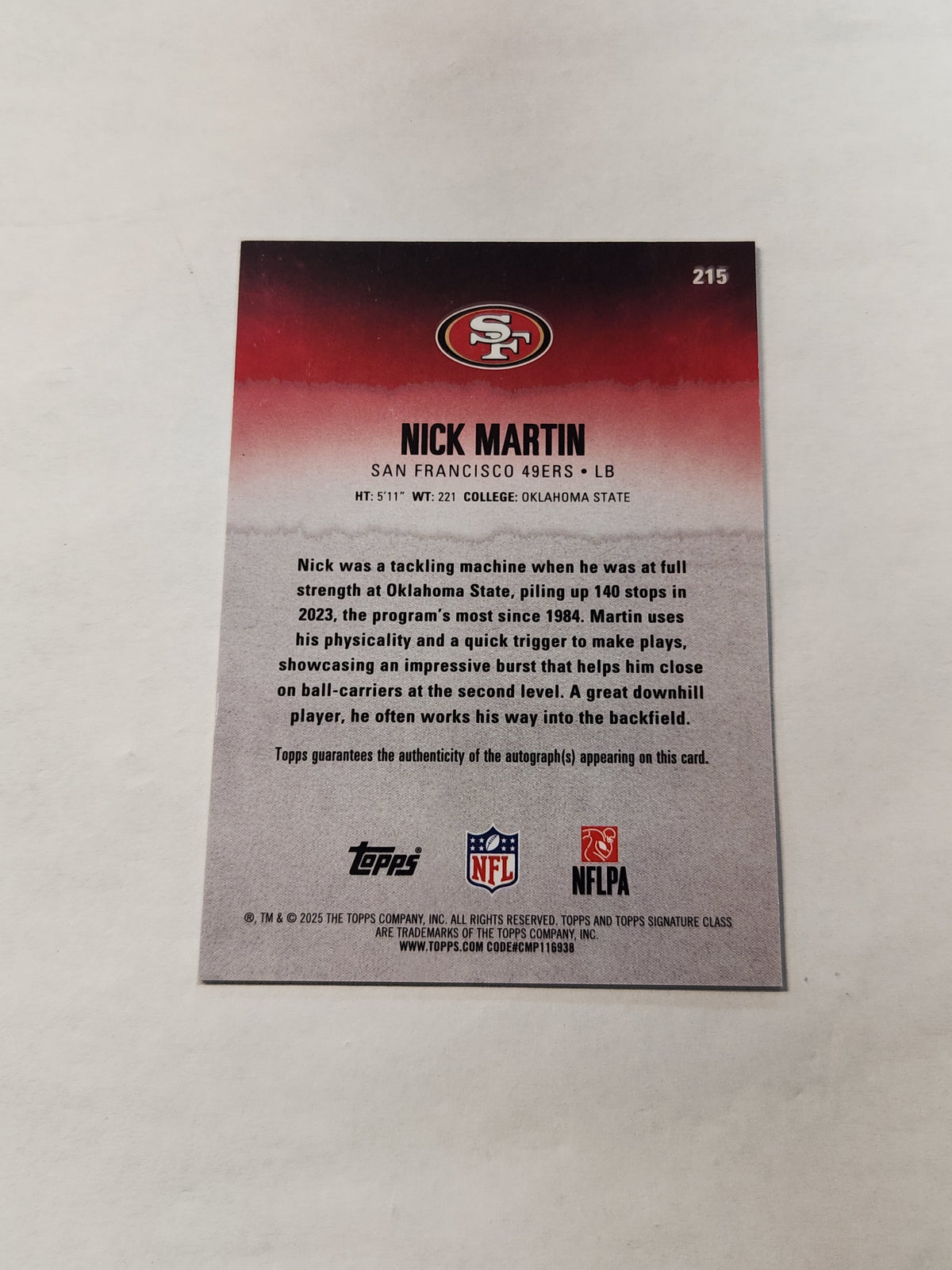 2025 Topps Signature Class Nick Martin Black Refractor On Card Auto # /10
