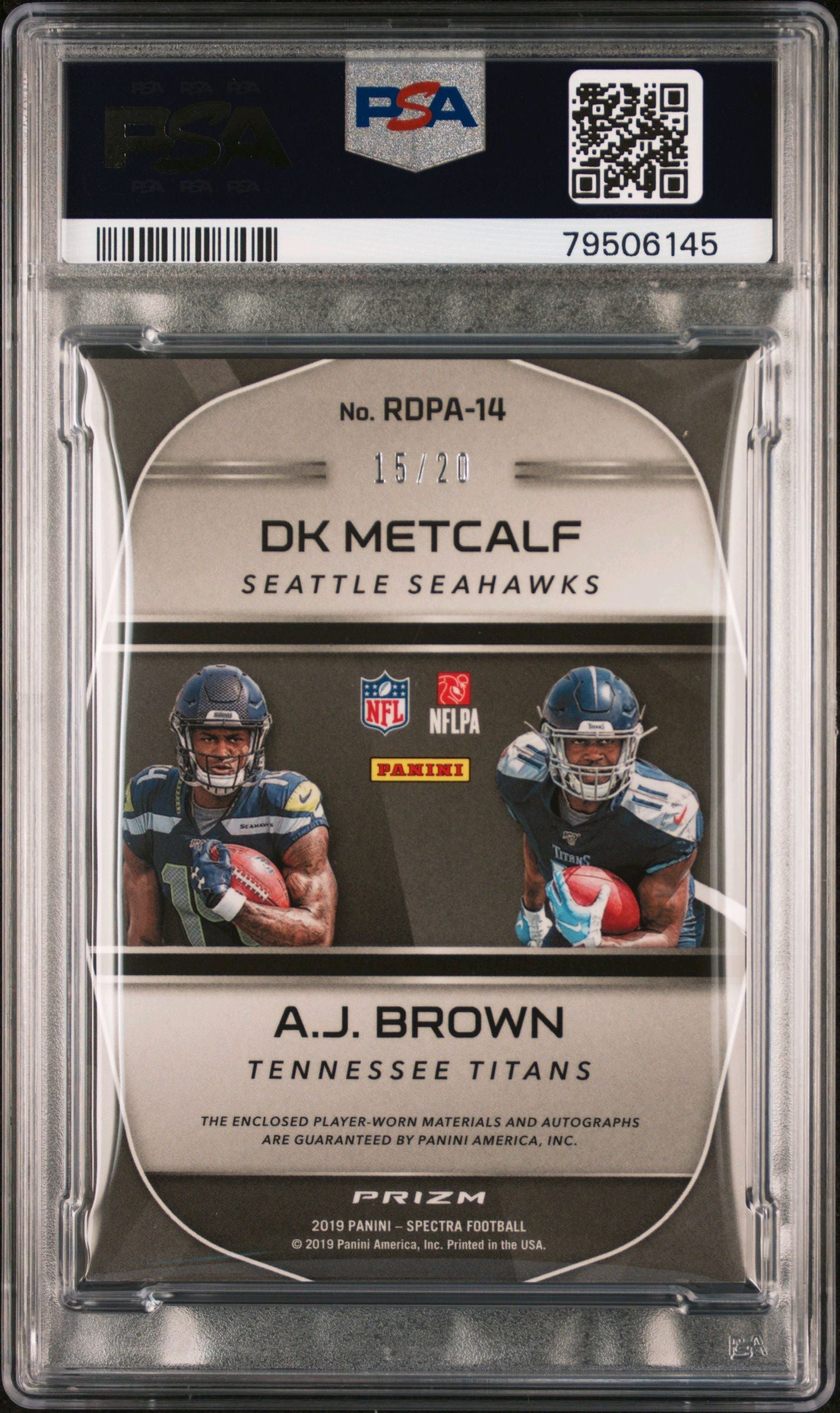 2019 PANINI SPECTRA ROOKIE DUAL PATCH AUTOGRAPHS #14 DK METCALF / A.J. BROWN ROOKIE DUAL PATCH AUTO PSA 10