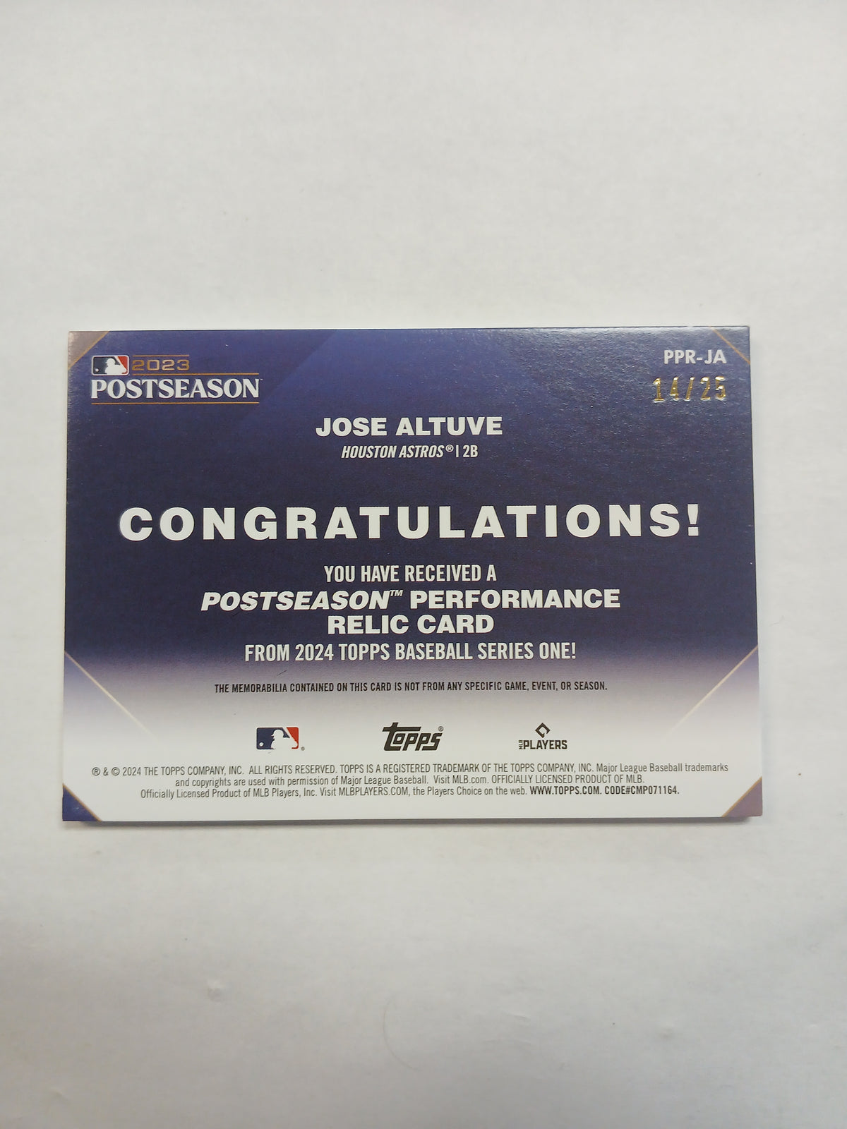 2024 Topps Jose Altuve Postseason Performance Relic Gold #/25