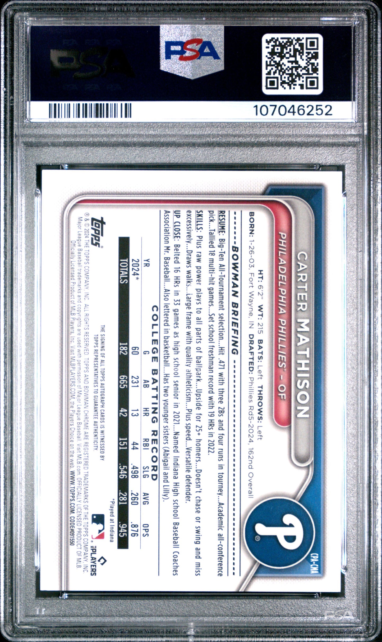 2024 BOWMAN DRAFT CHROME PROSPECT AUTOGRAPHS #CPACMA CARTER MATHISON CHR PROSPECT AU-ORG WAVE