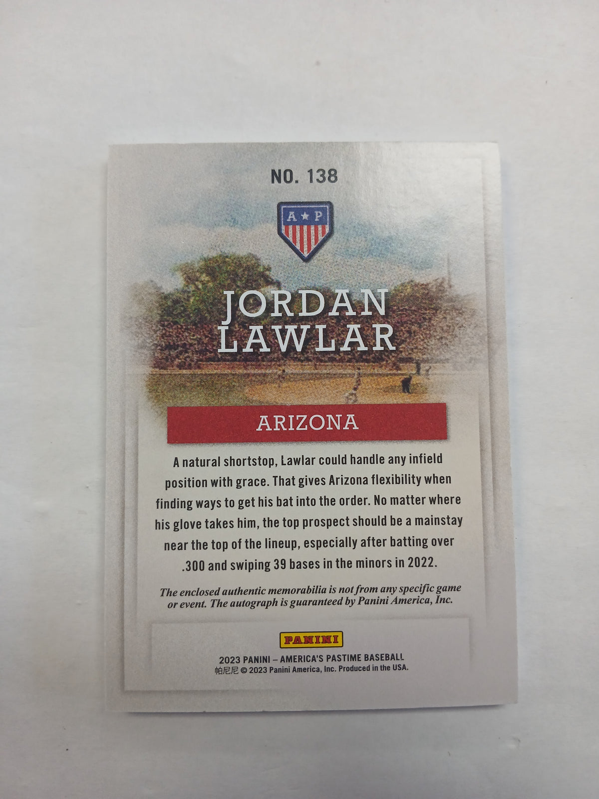2023 America's Pastime Jordan Lawlar Rookie Triple Color Patch On Card Auto #/25