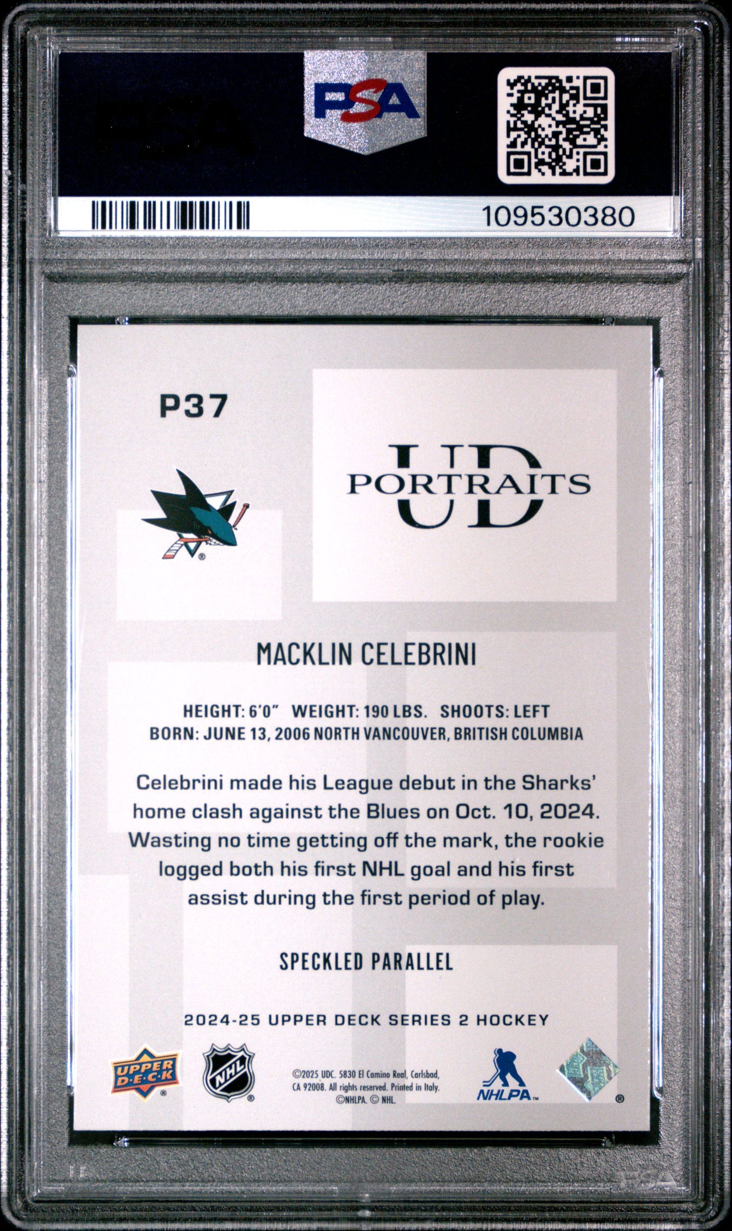 2024 Upper Deck Macklin Celebrini Portraits Speckle PSA 10 Color Match P37