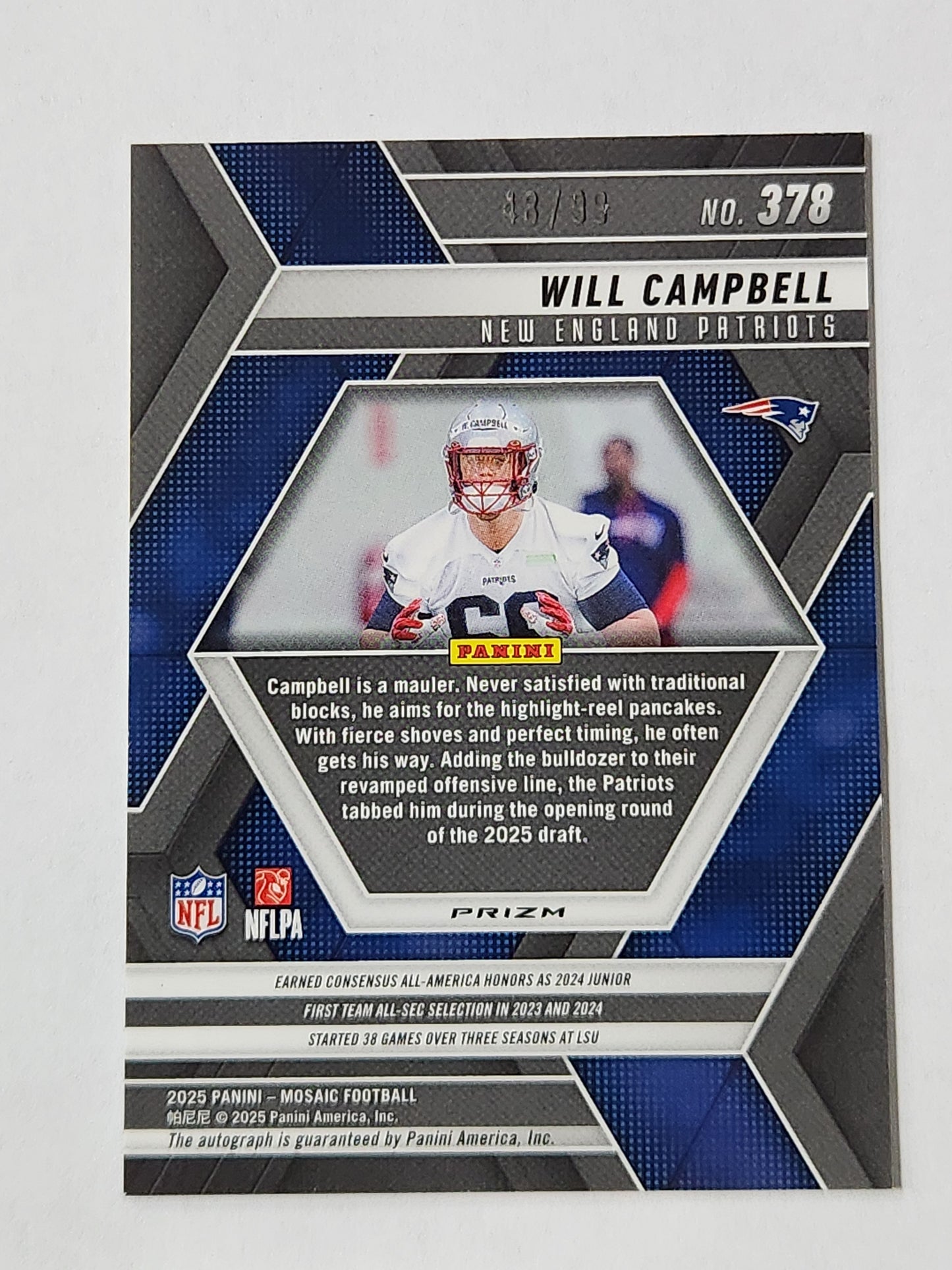 2025 Mosaic Will Cambell Auto Blue # /99 RC Rookie 378