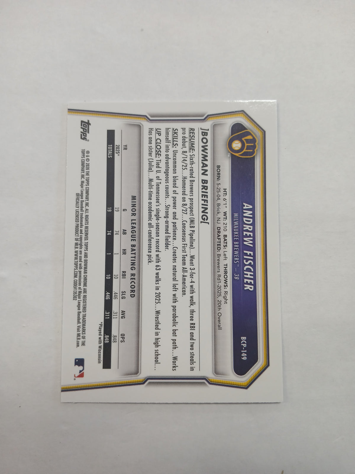2026 Bowman Chrome Andrew Fischer 1st Bowman Purple Geometric Refractor #/250