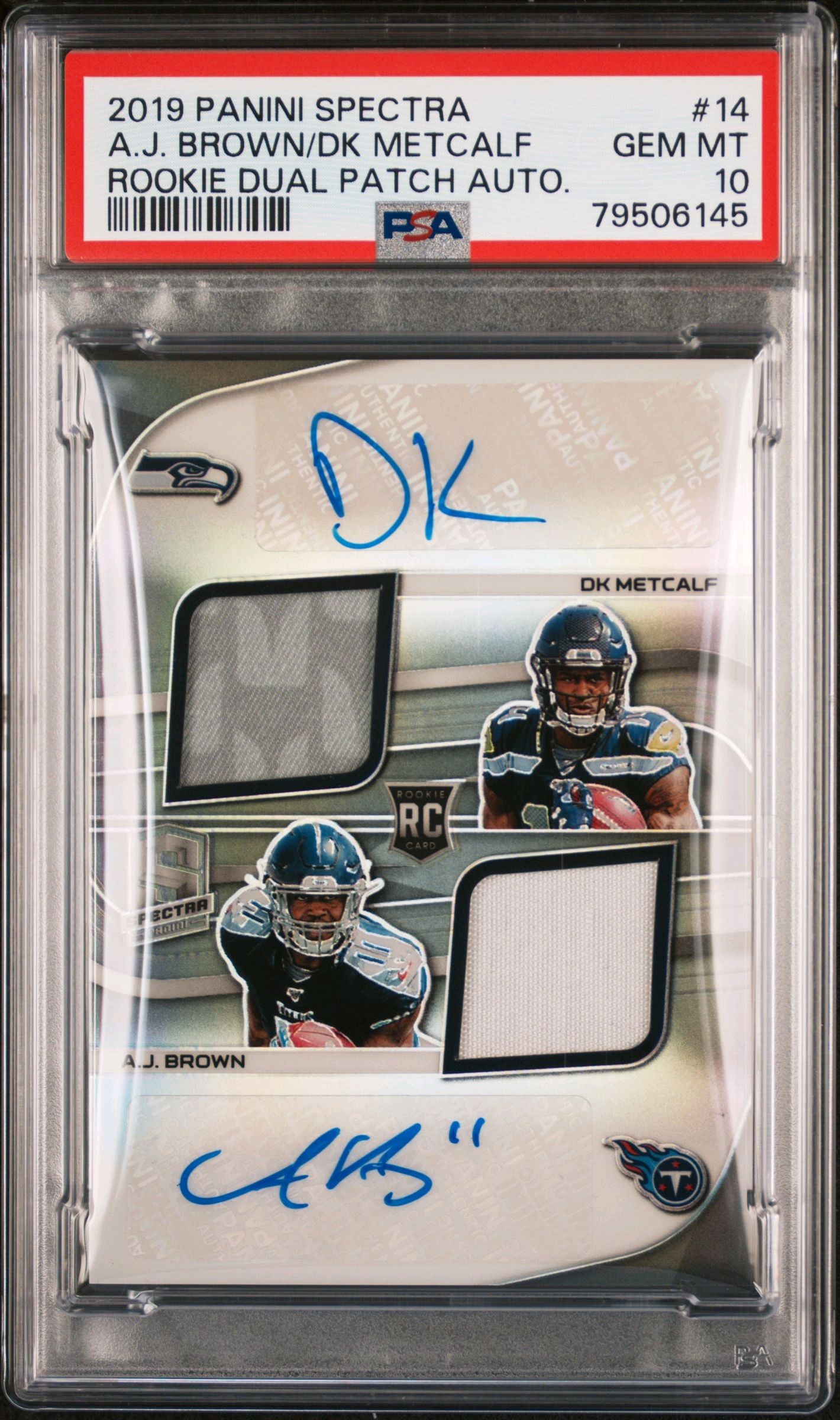 2019 PANINI SPECTRA ROOKIE DUAL PATCH AUTOGRAPHS #14 DK METCALF/A.J. BROWN ROOKIE DUAL PATCH AUTO PSA 10