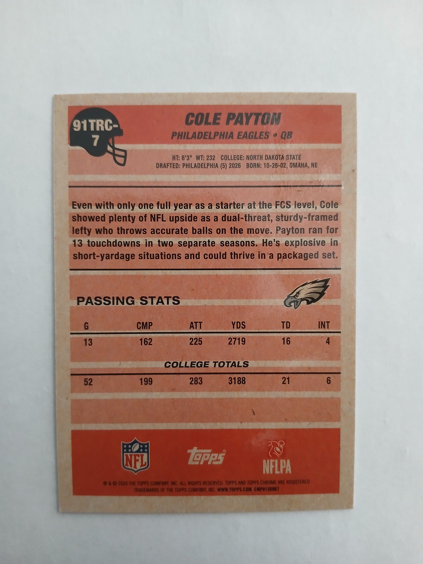 2026 Topps Flagship Topps Chrome 1991 35th Anniversary Cole Payton Rookie Blue Mojo Refractor #/150