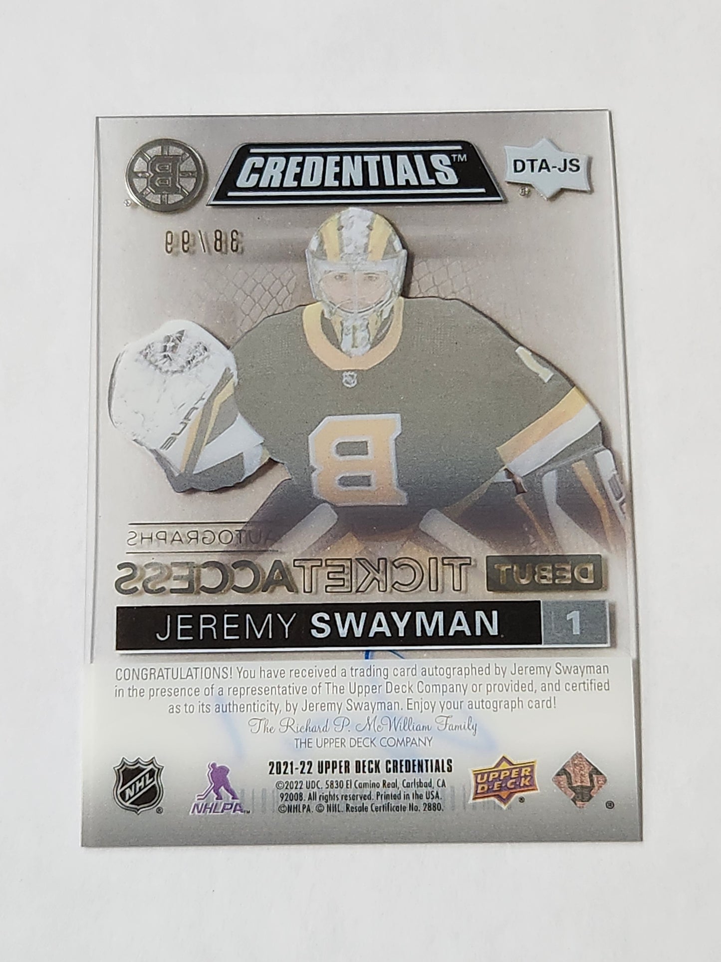 2021-22 Upper Deck Credentials Jeremy Swayman Debut Ticket Access Auto # /99