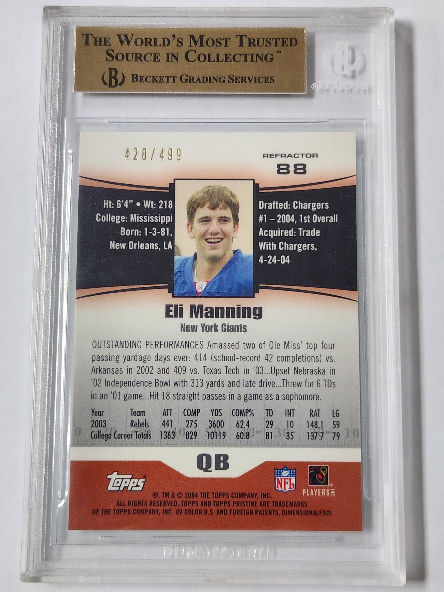 2004 Topps Pristine Refractors Eli Manning /499 #88 BGS 9.5