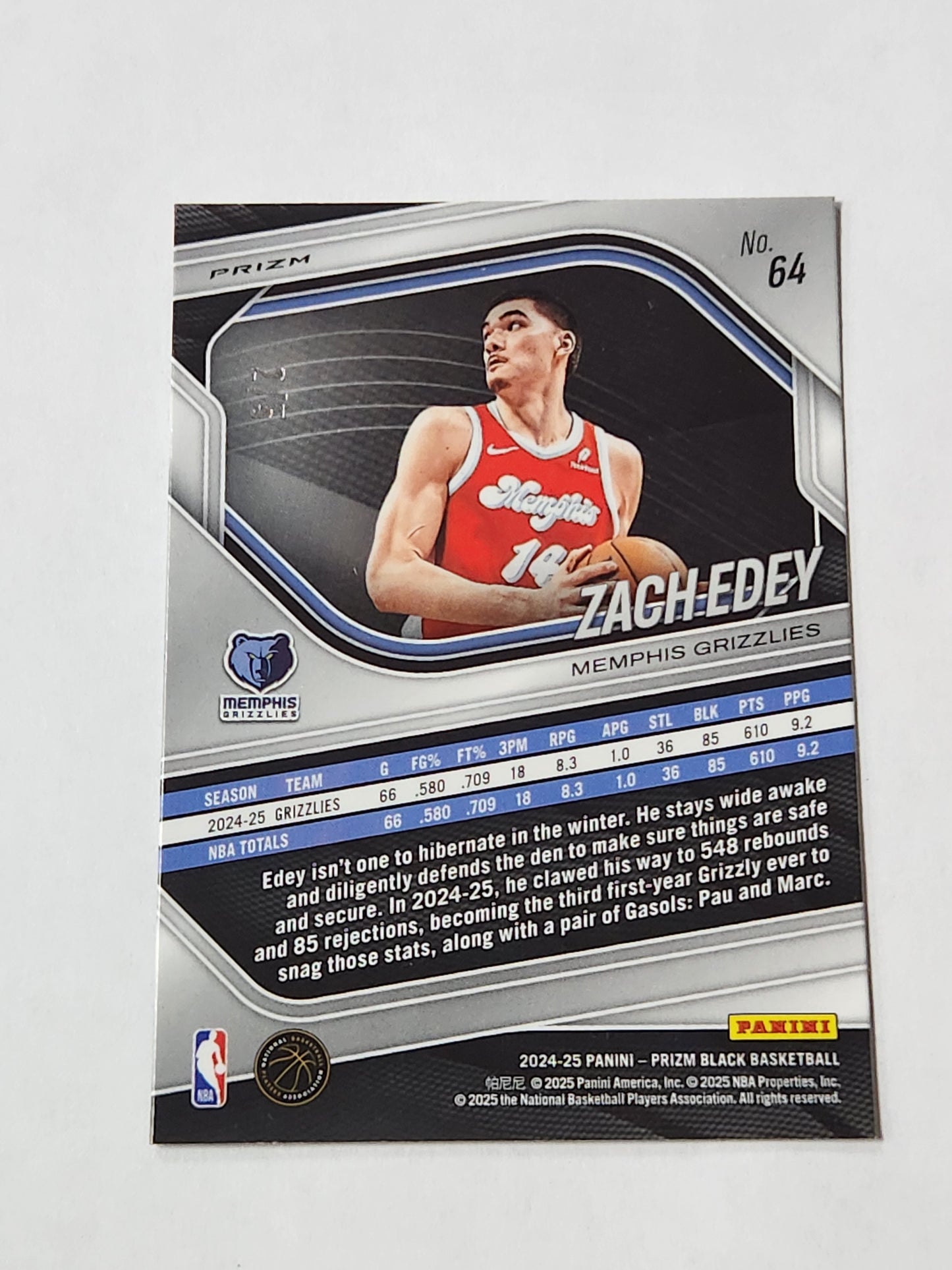 2024-25 Prizm Black Gold Zach Edey RC # /5 Grizzlies SSP