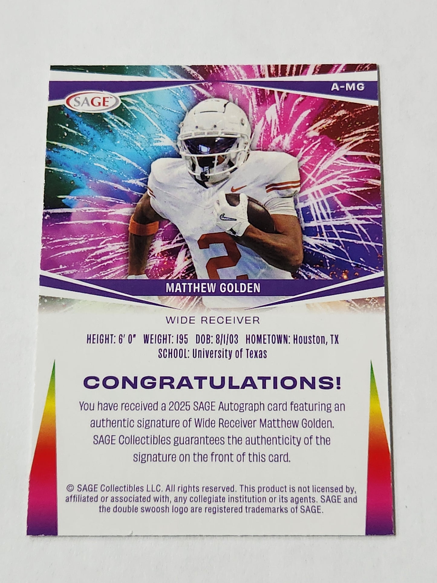 2025 Sage Matthew Golden Rookie Auto Gold /100