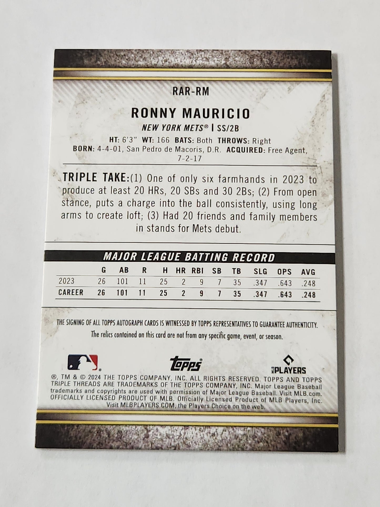 2024 Topps Triple Threads Rookie Autograph Relic # /75 Ronny Mauricio