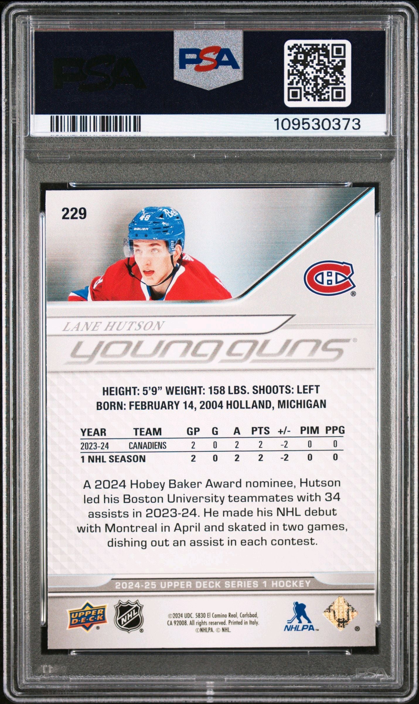 2024 Upper Deck Series 1 Lane Hutson Young Guns PSA 9