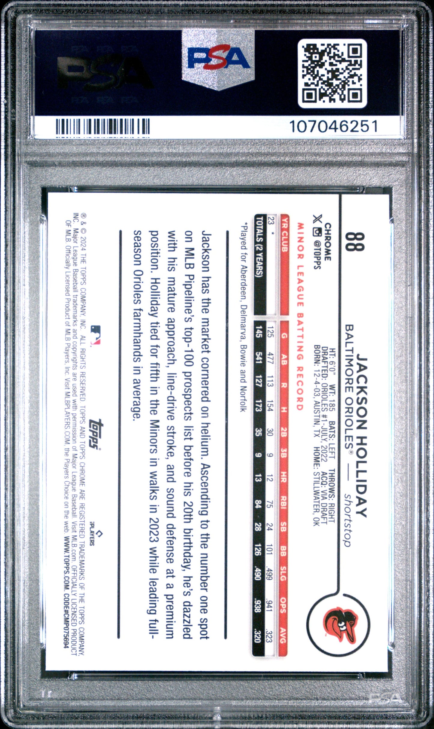 2024 TOPPS CHROME #88 JACKSON HOLLIDAY BLUE RAYWAVE # /150 PSA 9