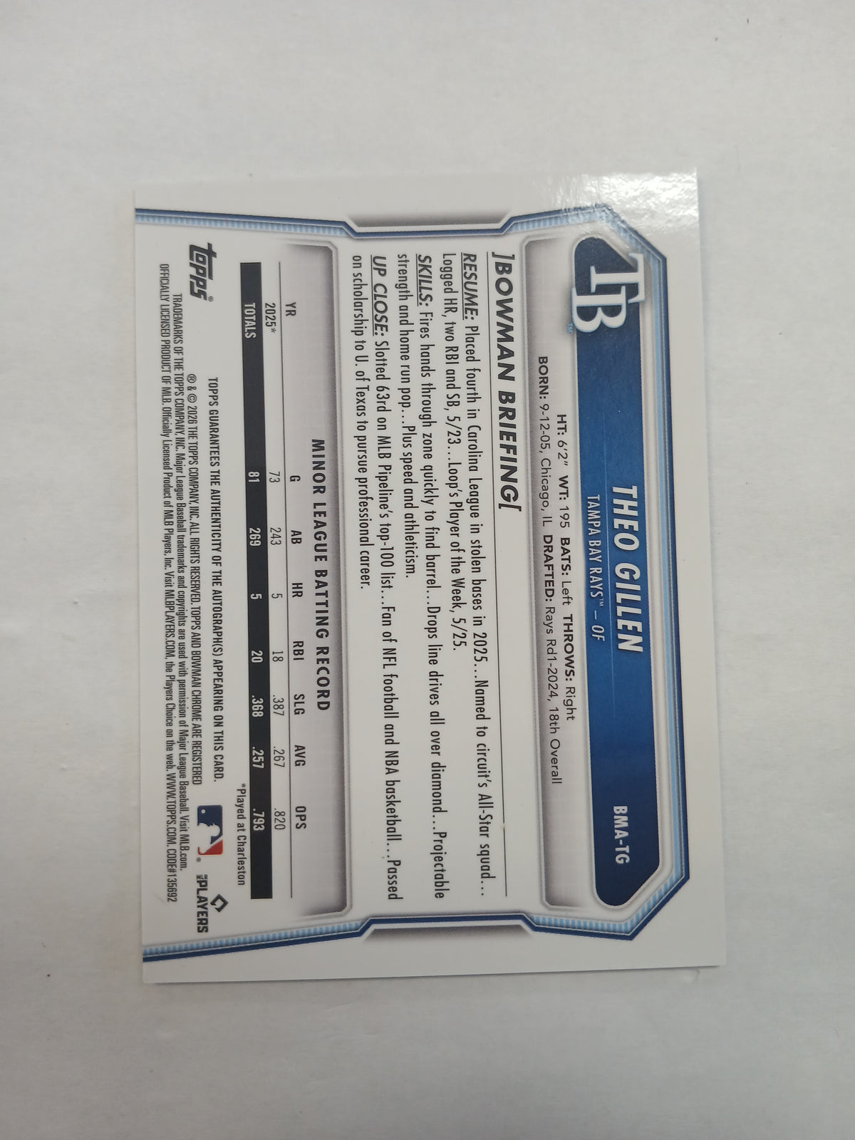 2026 Bowman Chrome Theo Gillen On Card Auto Mojo Refractor