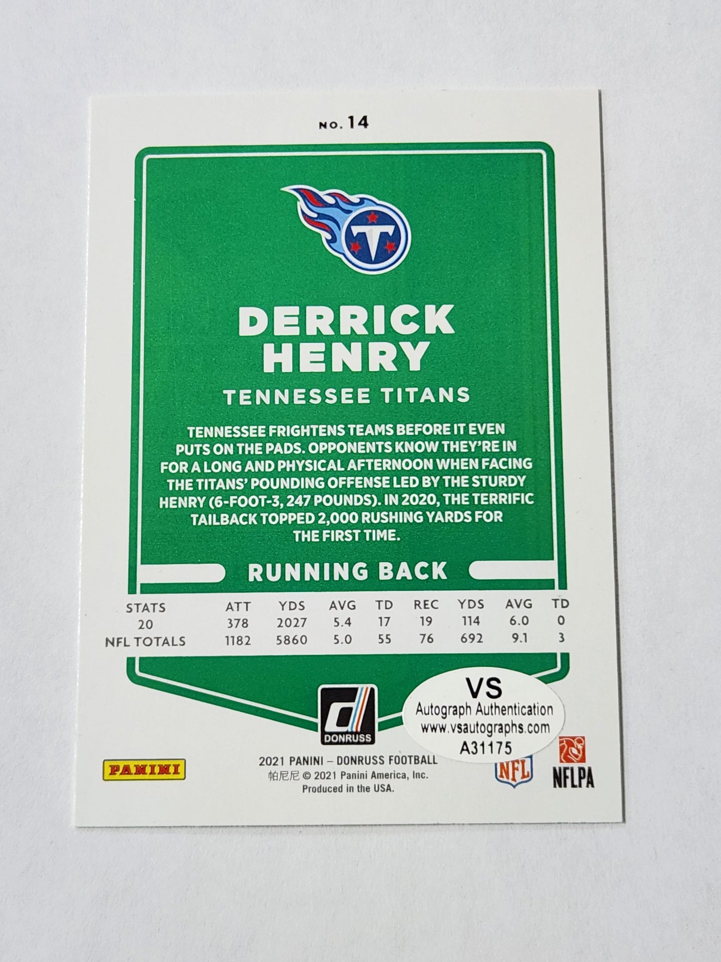 2021 Donruss Derrick Henry Base # 14 Auto VS Authentication Autograph