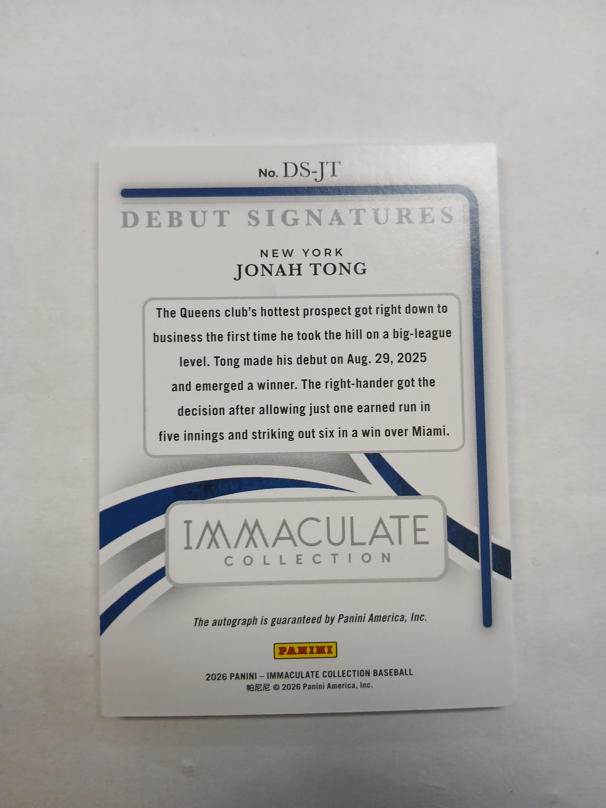 2026 Immaculate Collection Jonah Tong Debut Signatures Rookie On Card Auto Red Foil #/49