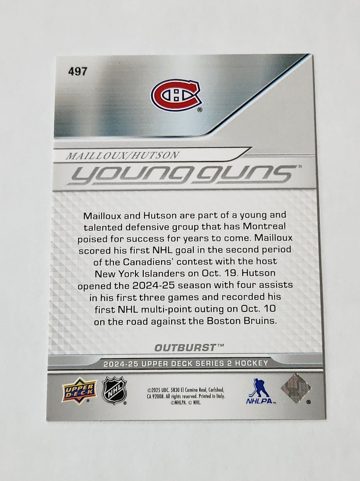 2024-25 Upper Deck Series 2 Young Guns Teammates Lane Hutson Logan Mailloux
