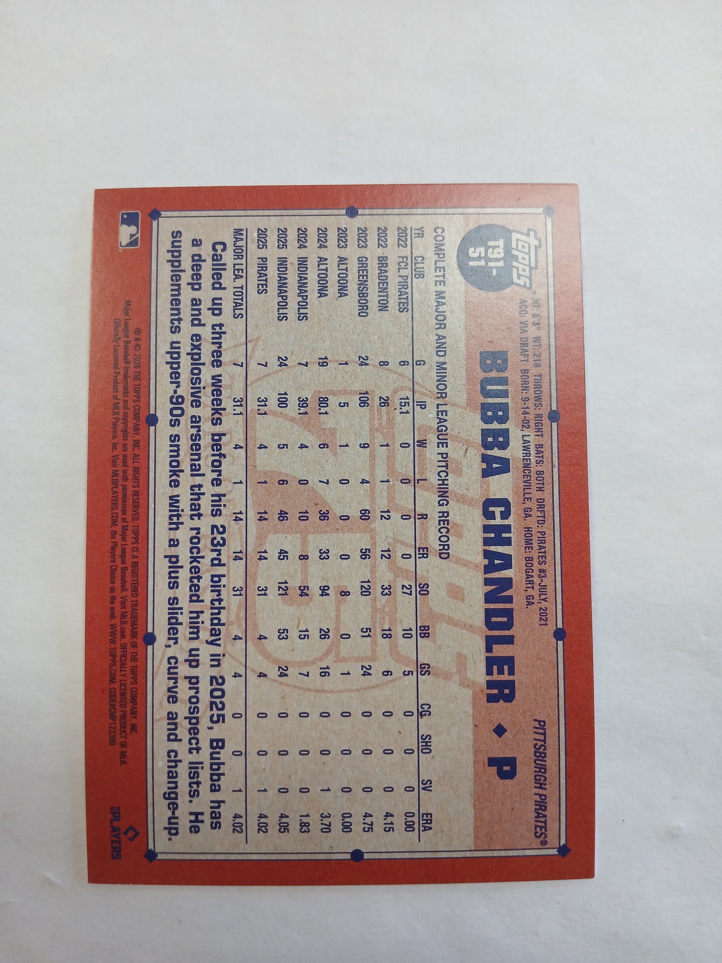 2026 Topps 1991 Bubba Chandler Red Diamond Rookie #/5