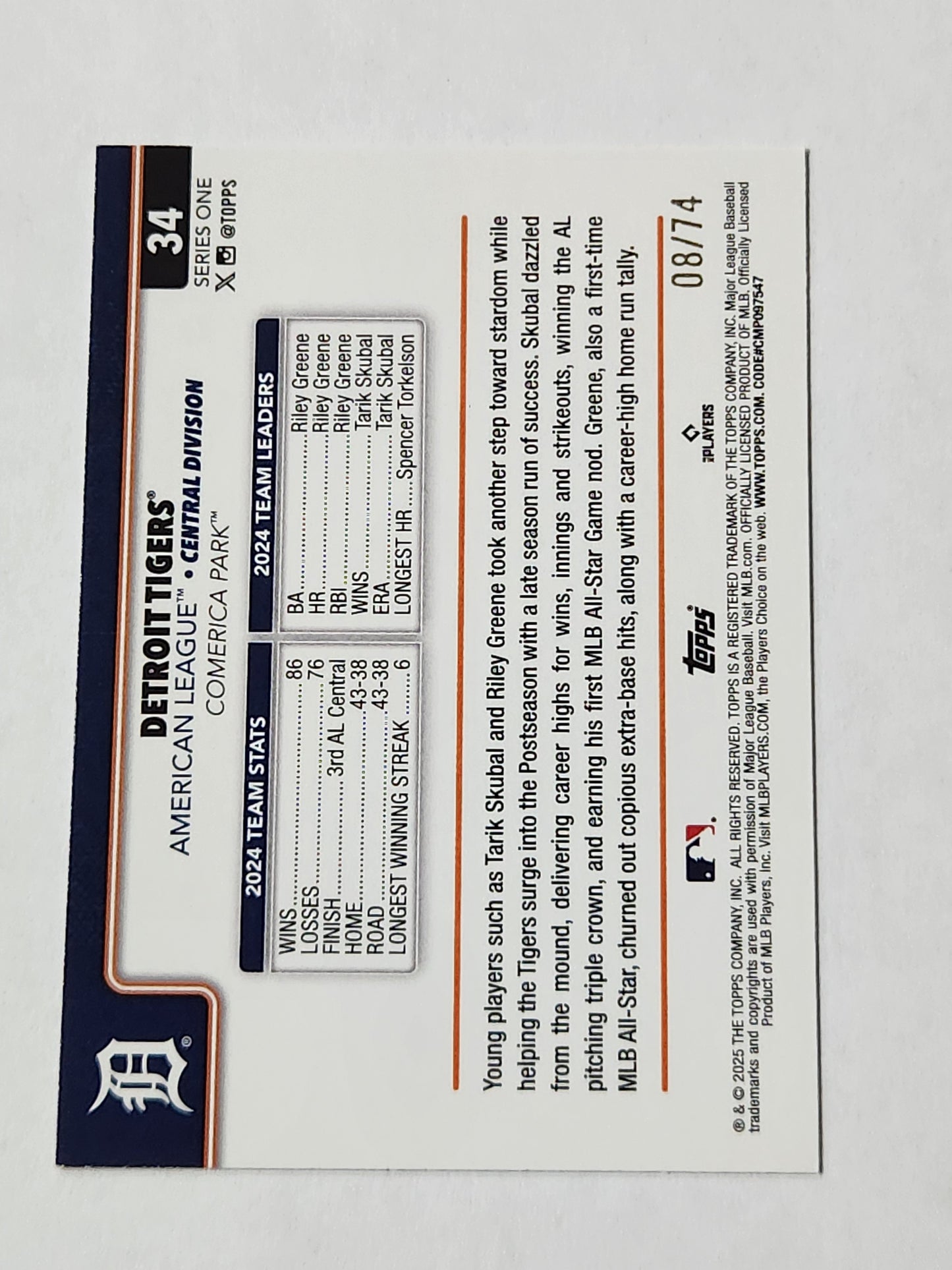 2025 Topps Series One Detroit Tigers 34 # /74