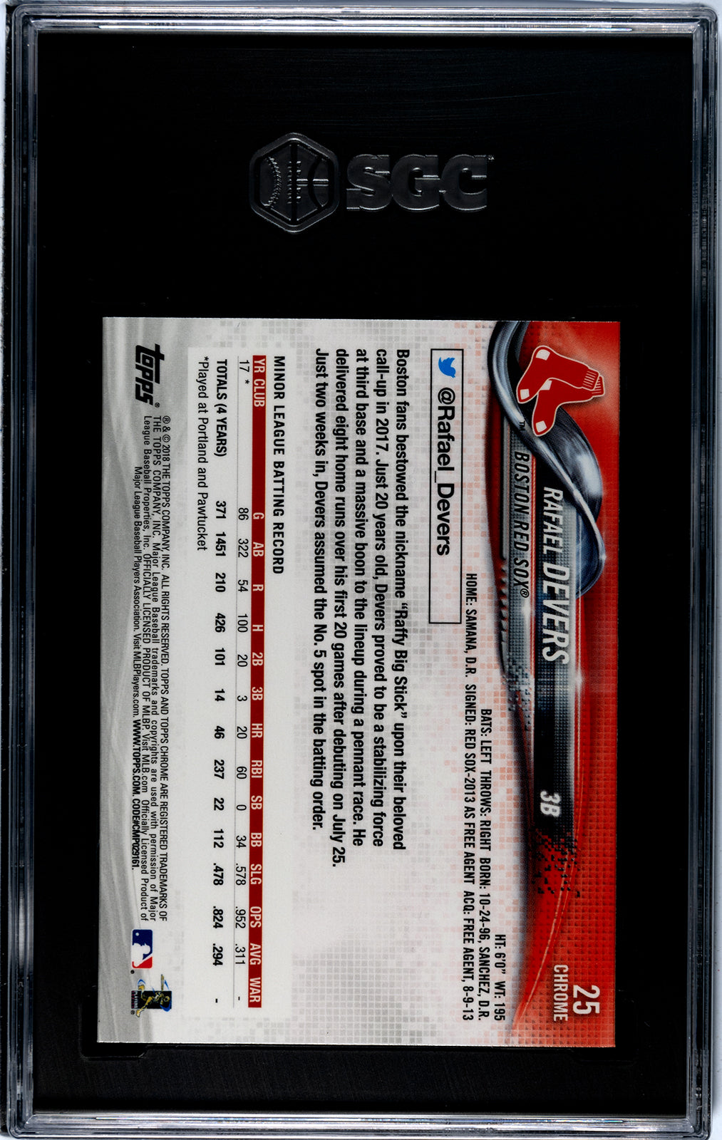 2018 Topps Chrome Rafael Devers RC Prism Refractor SGC 10